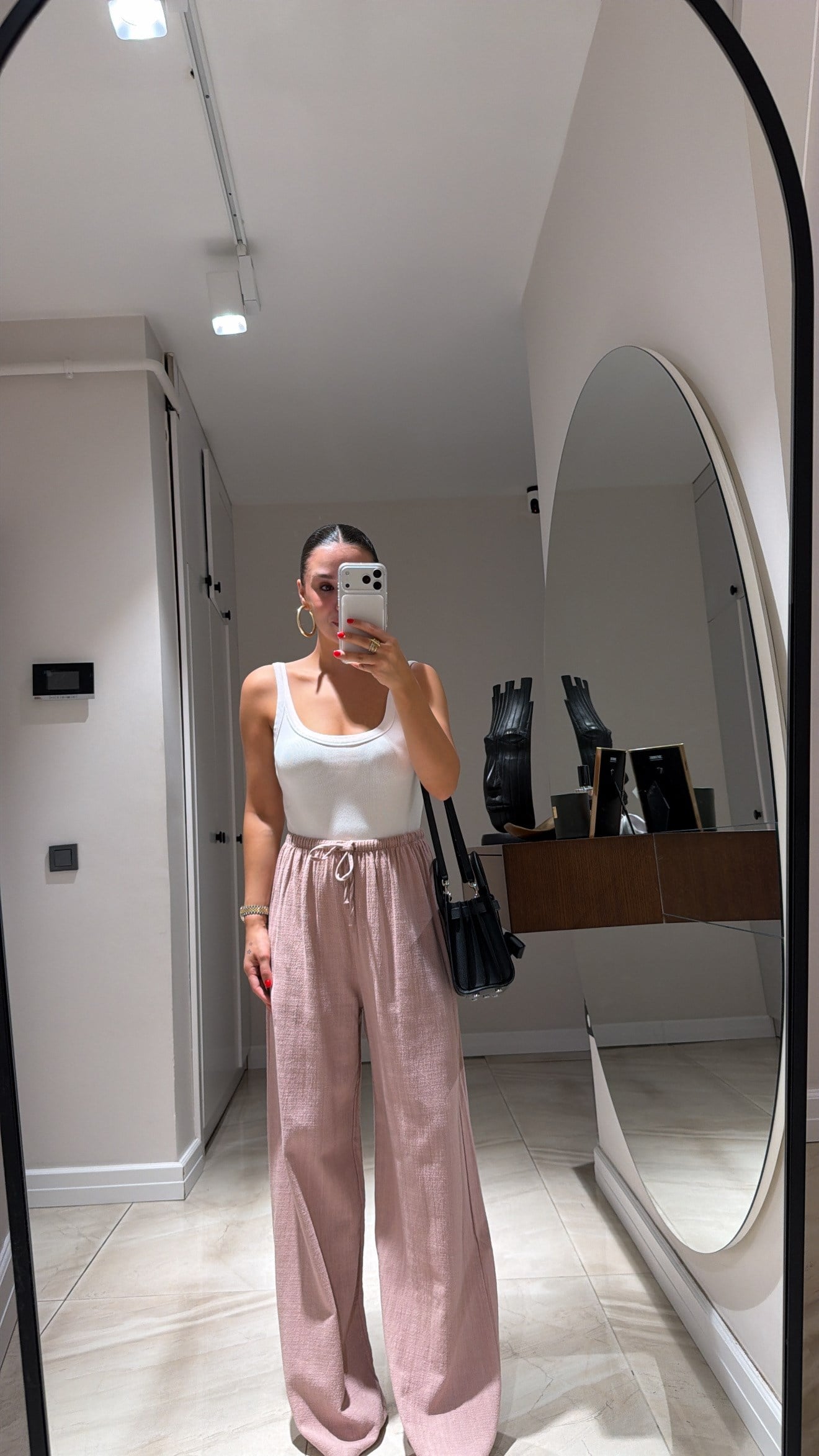 Gül Kurusu Bel Bağcıklı Bol Paça Keten Pantolon
