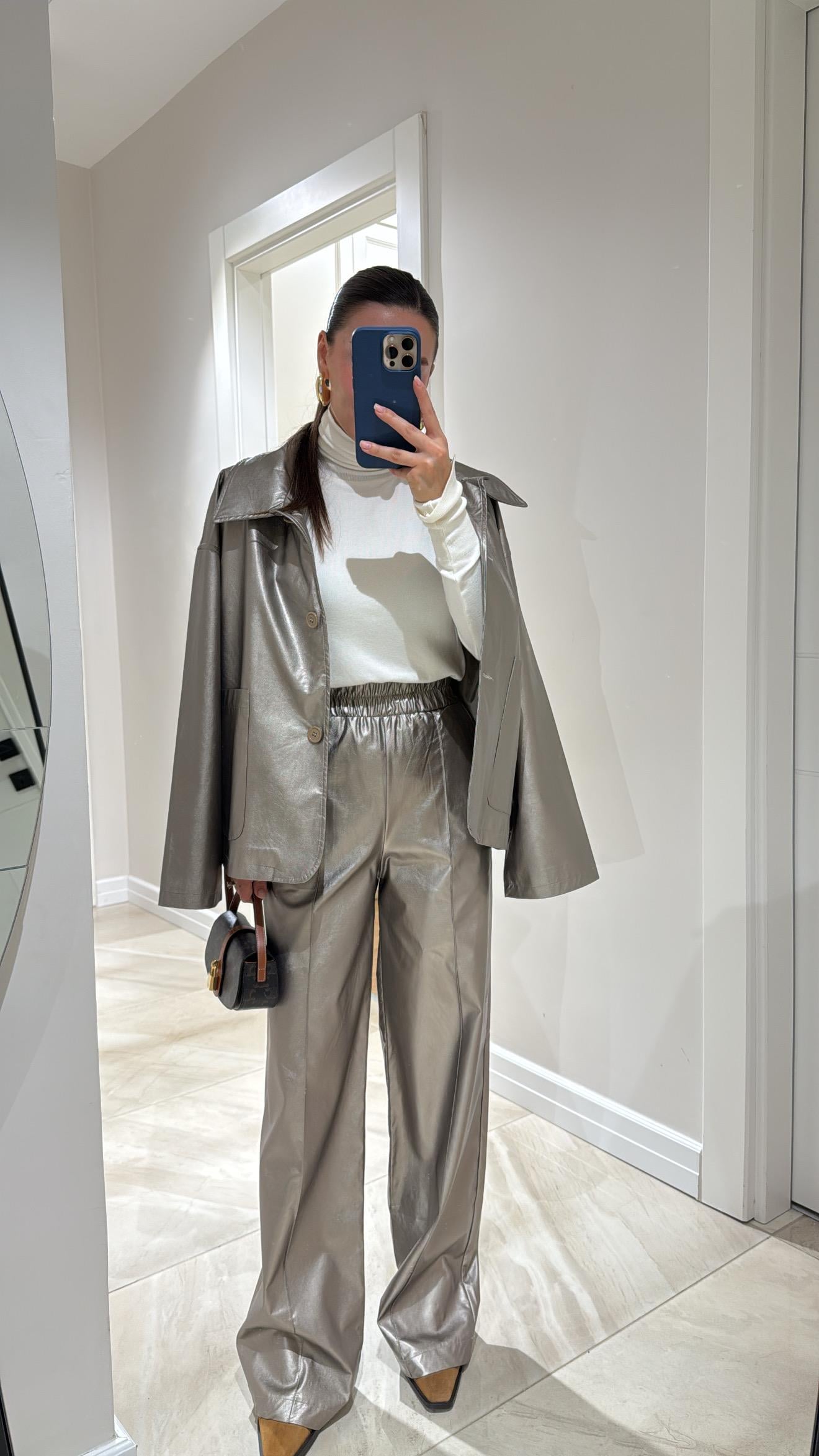 Gümüş Metalik Deri Ceket Takım 