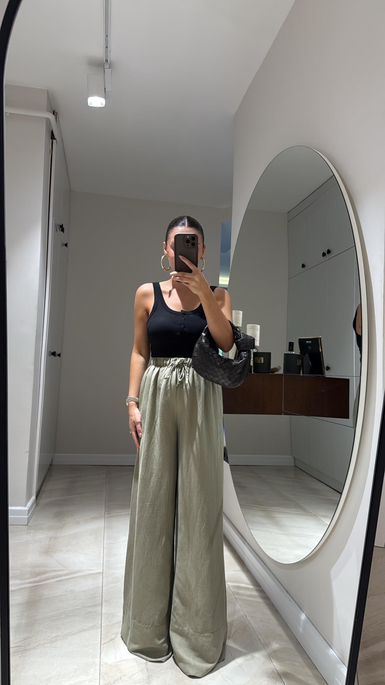 Haki Bel Bağcıklı Cepli Keten Pantolon 
