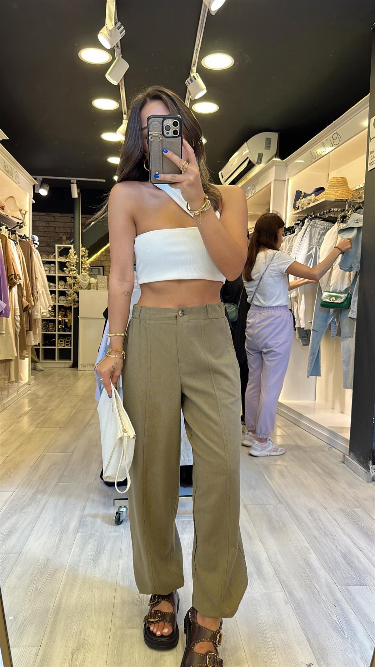 Haki Beli Lastikli Paça Büzgülü Keten Pantolon