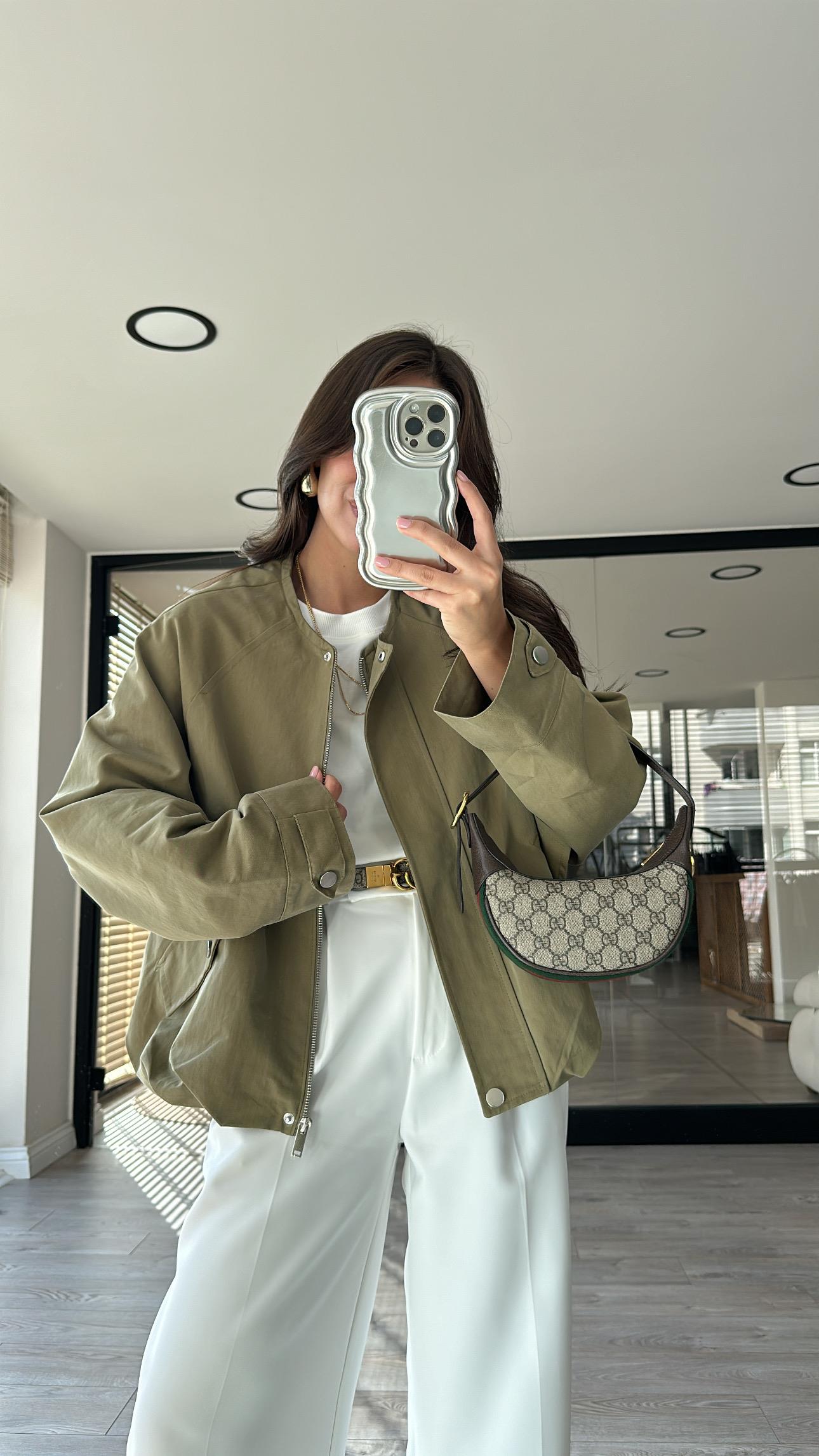 Haki Cep Detaylı Pileli Bomber Ceket 