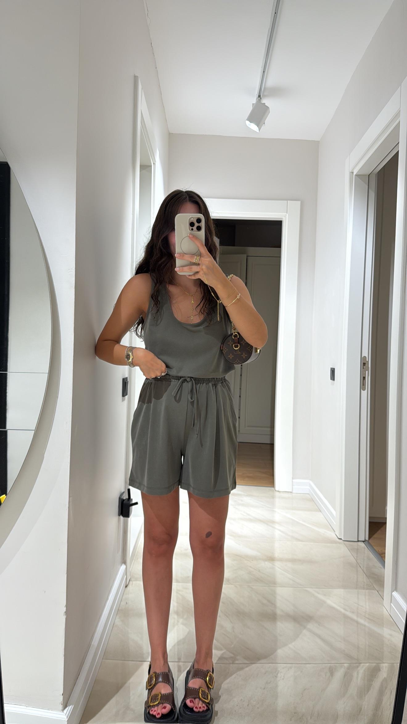 Haki Kalın Askılı Şort Takım