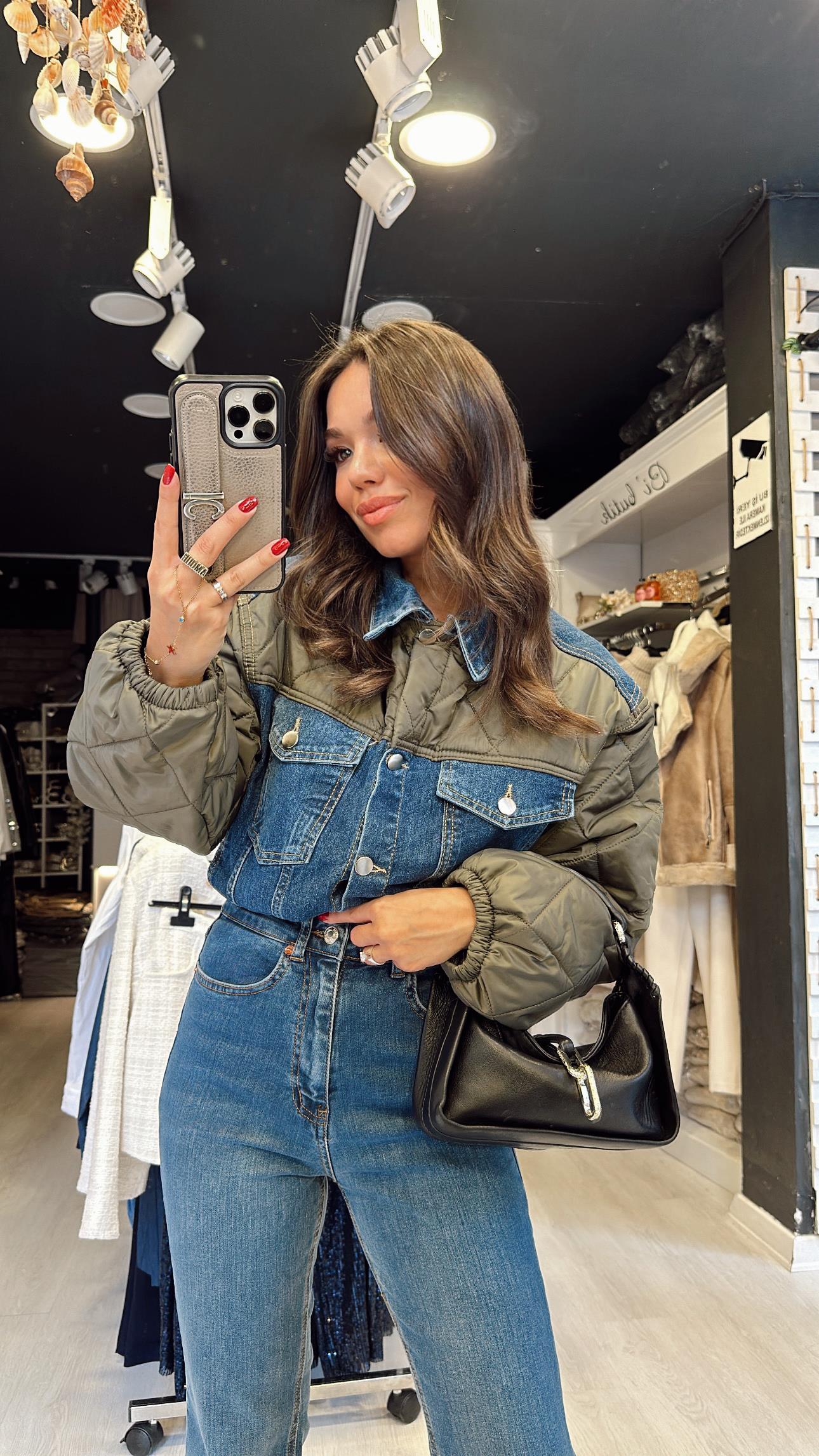 Haki Kapitone Detaylı Jean Ceket