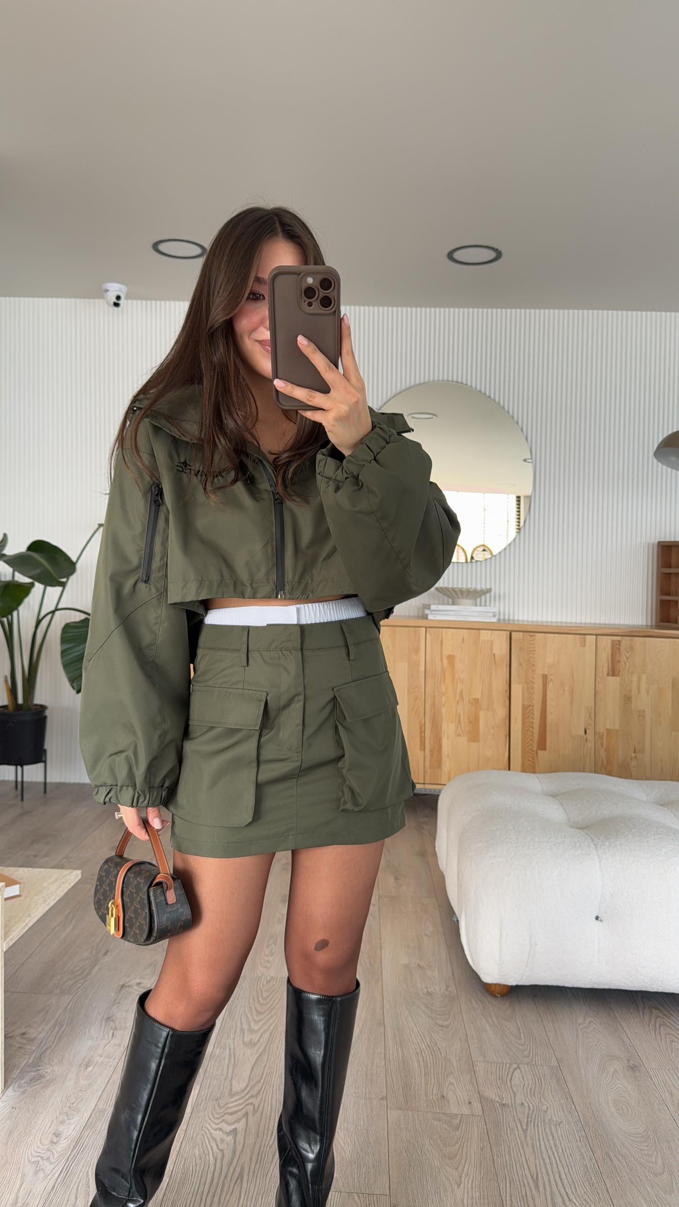 Haki Kapüşonlu Fermuarlı Crop Ceket 