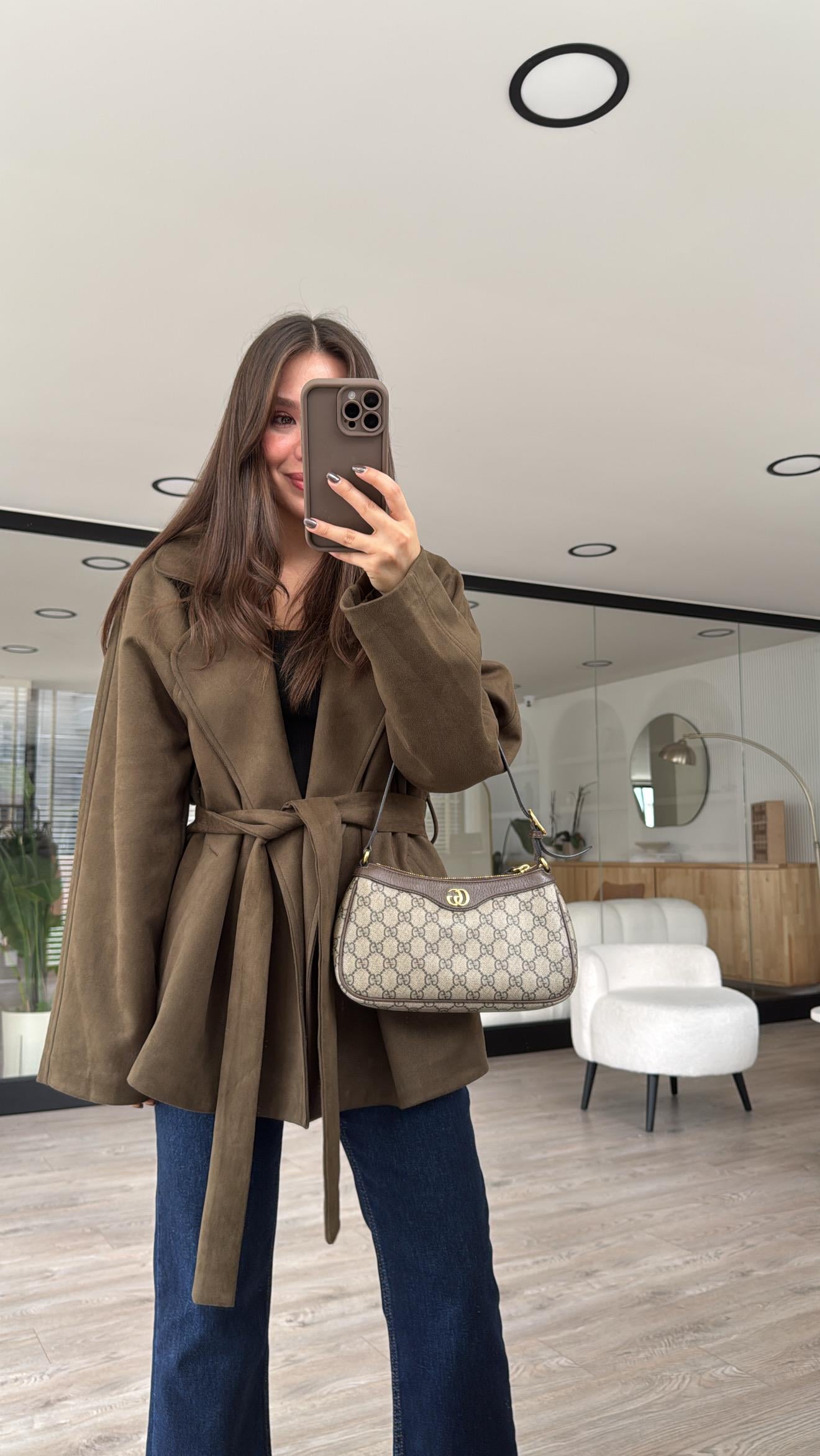 Haki Kuşaklı Nubuk Ceket 