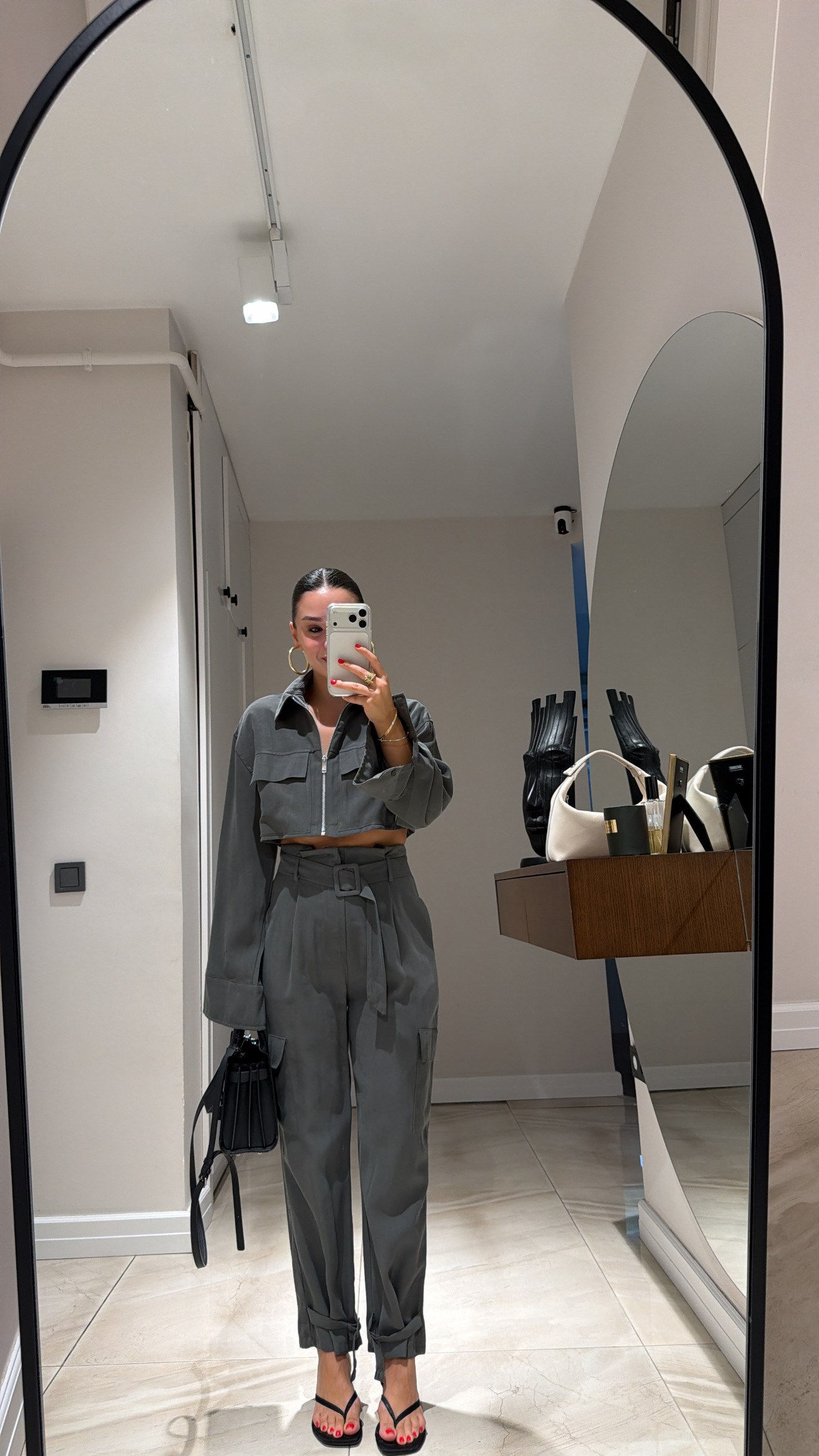 Haki Ön Fermuarlı Crop Gömlek Pantolon Takım