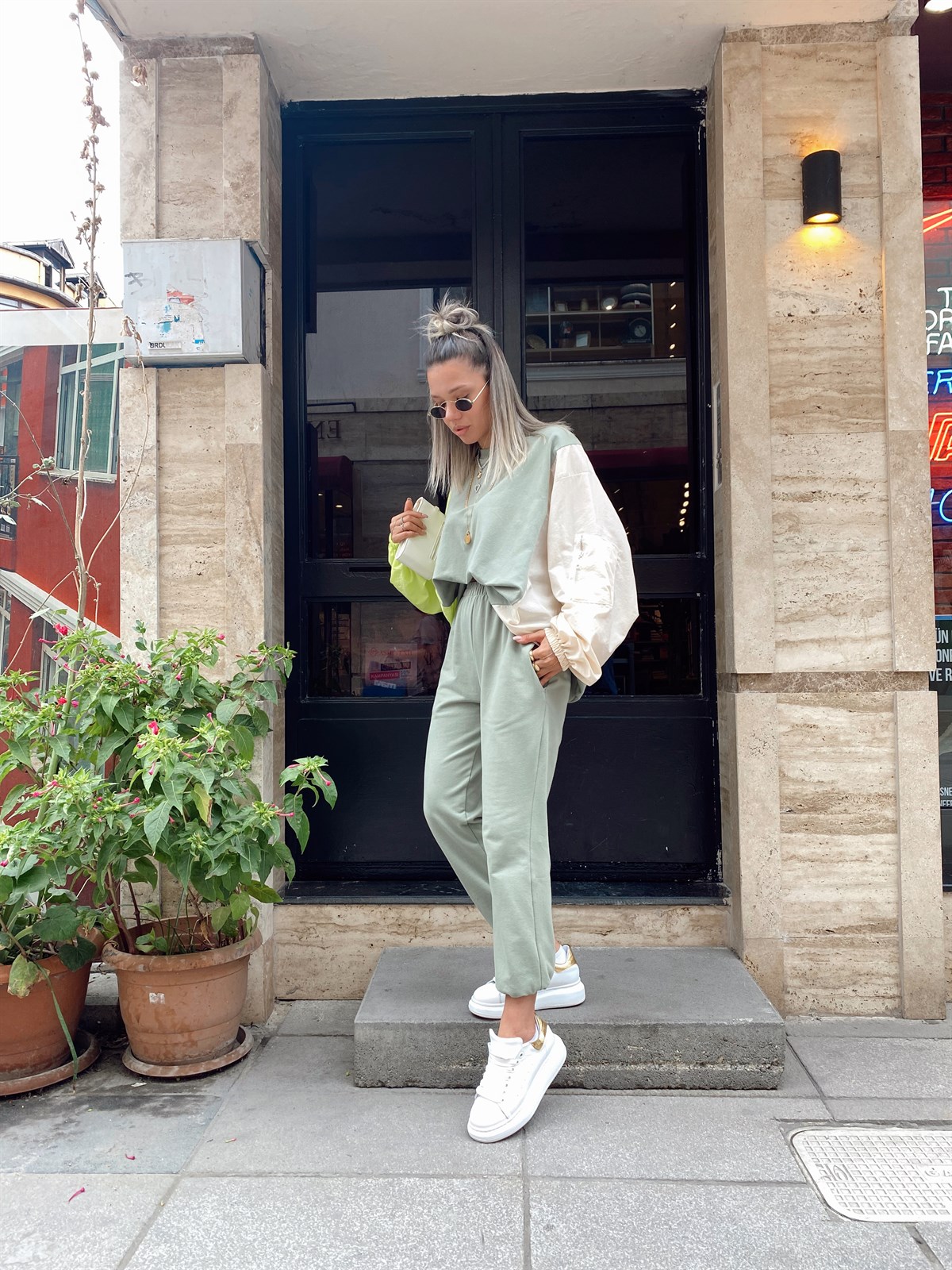 Haki Renk Bloklu Sweat Takım