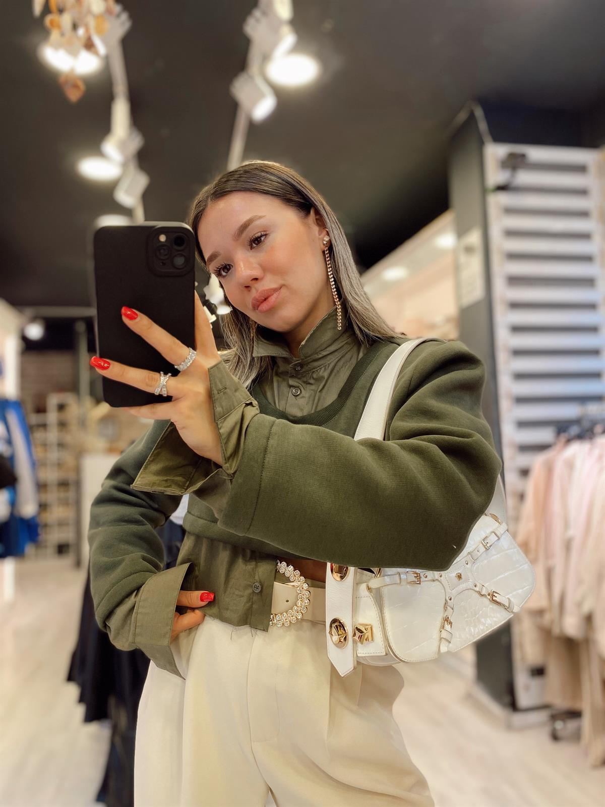 Haki Renk Gömlek Detaylı Crop Sweat