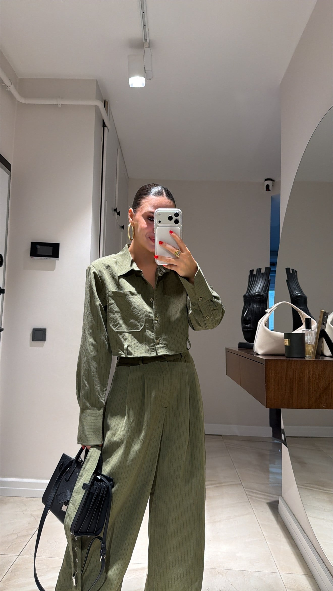 Haki Siyah Çizgili Bel Kemer Detaylı Crop Gömlek
