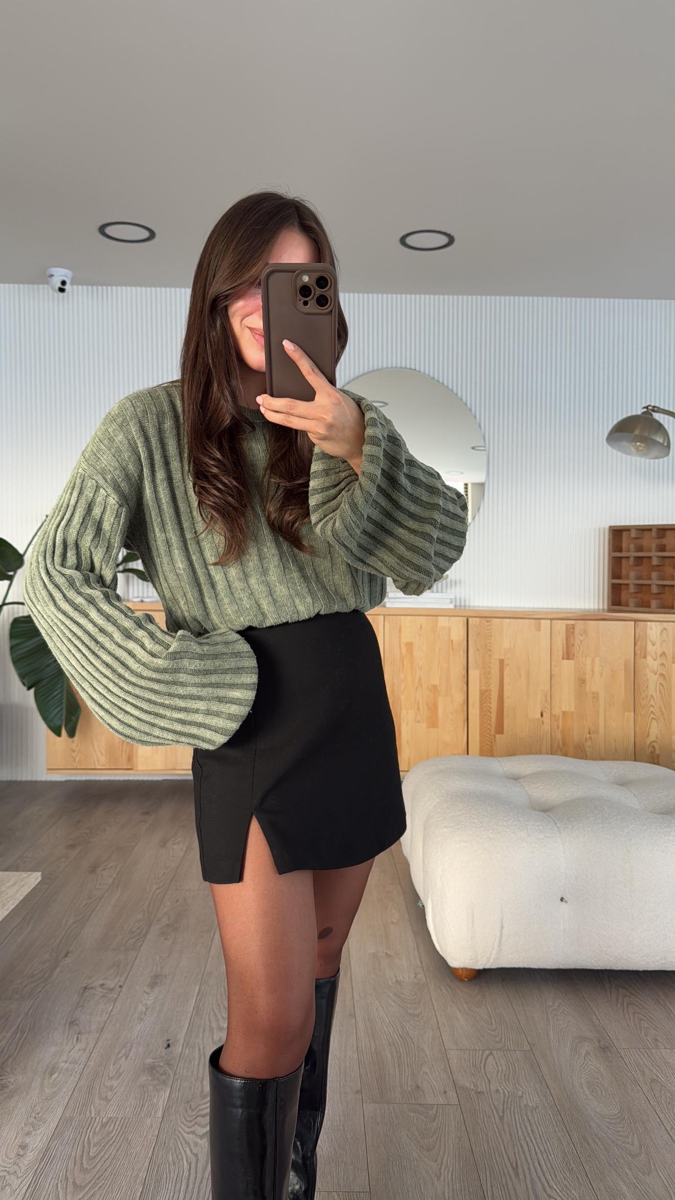Haki Yıkamalı Fitilli Crop kazak