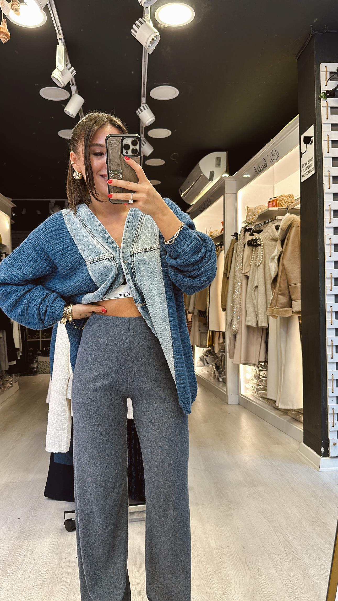 İndigo Beli Lastikli Bol Paça Basic Pantolon