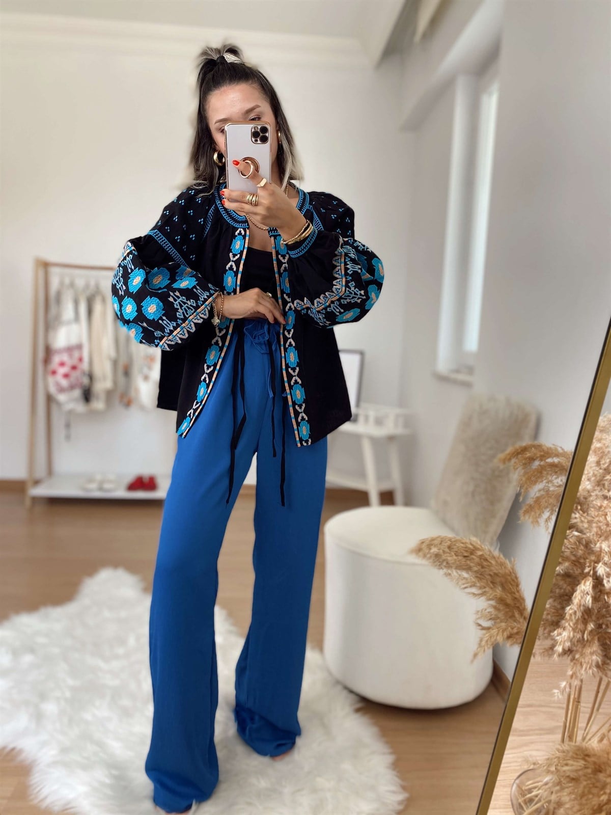 İndigo Beli Lastikli Bol Pantolon