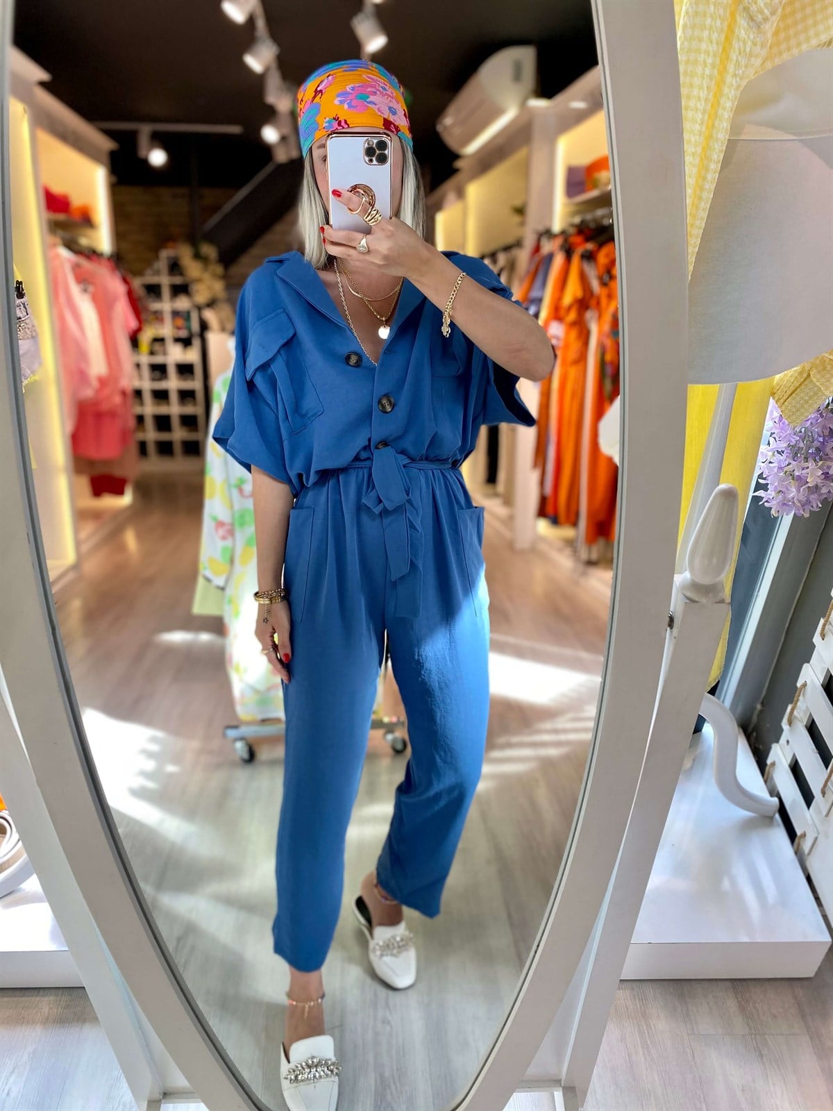 İndigo Beli Lastikli Cepli Gömlek Yaka Tulum