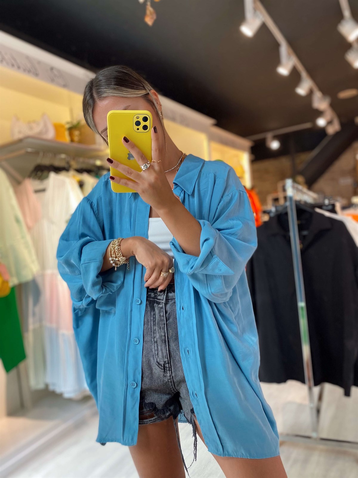 Indigo Cepli Düşük Omuz Oversize Gömlek