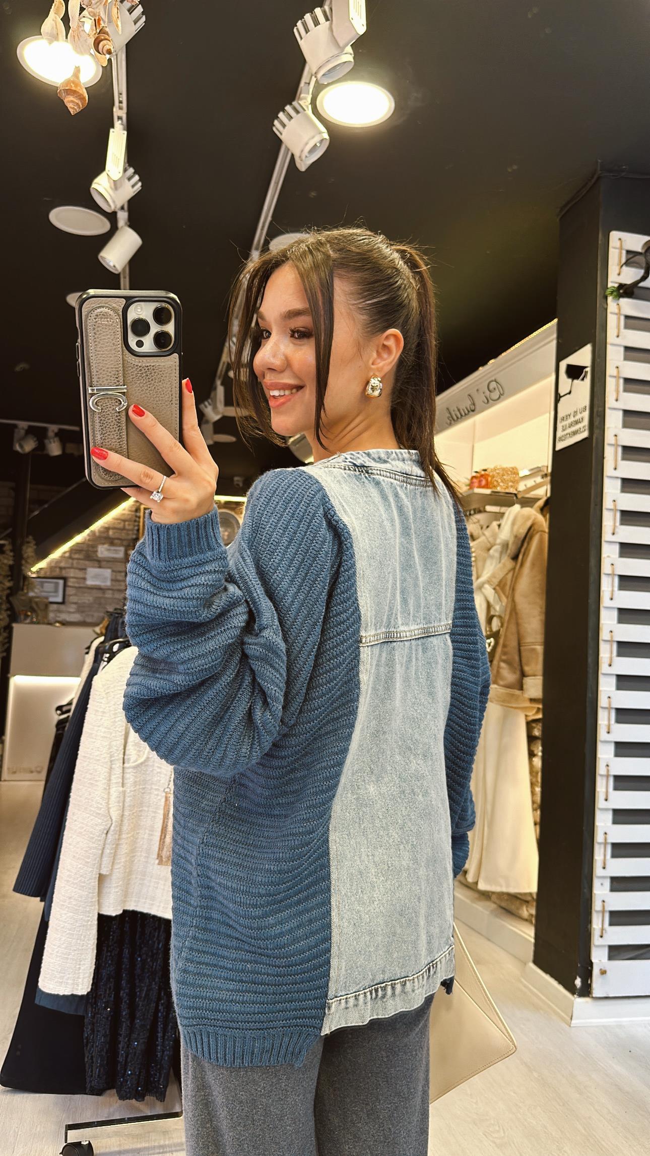 İndigo Jean Detaylı Ceket Hırka 