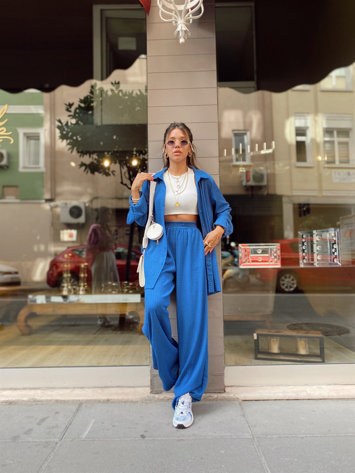 İndigo Krinkıl Kumaş Gömlek Takım