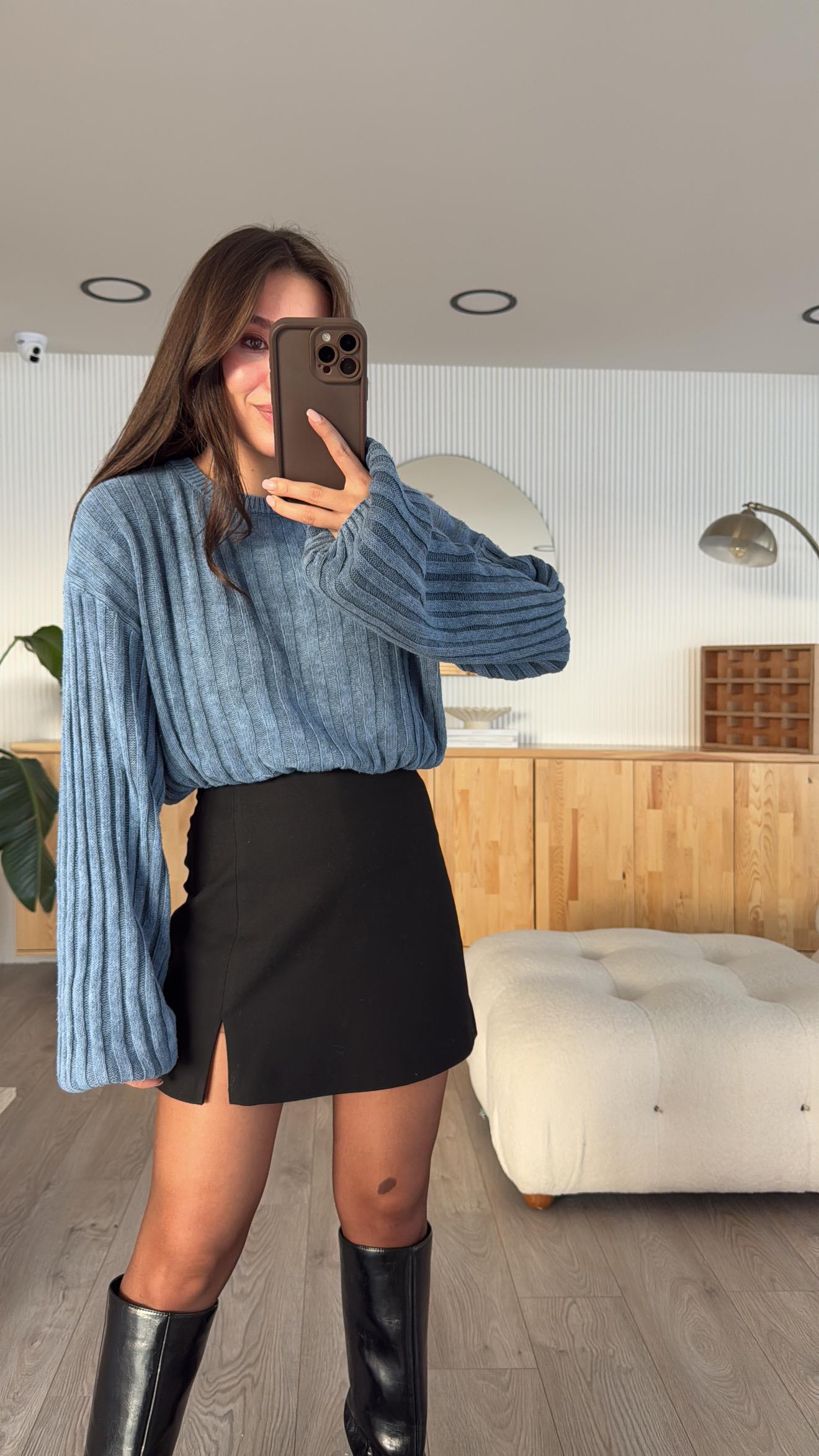 İndigo Yıkamalı Fitilli Crop kazak