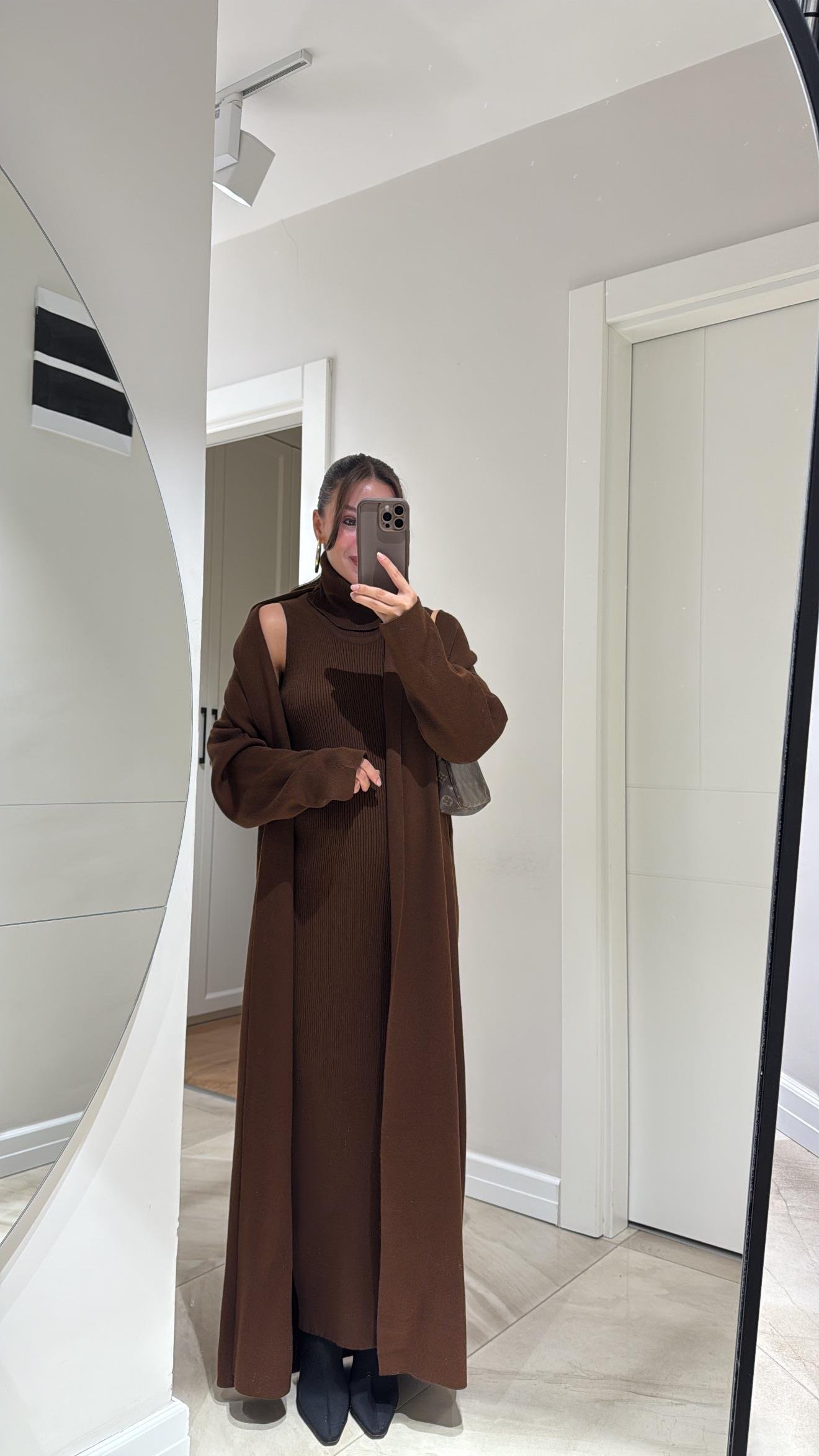 Kahve Balıkçı Yaka Elbiseli Hırka Takım 