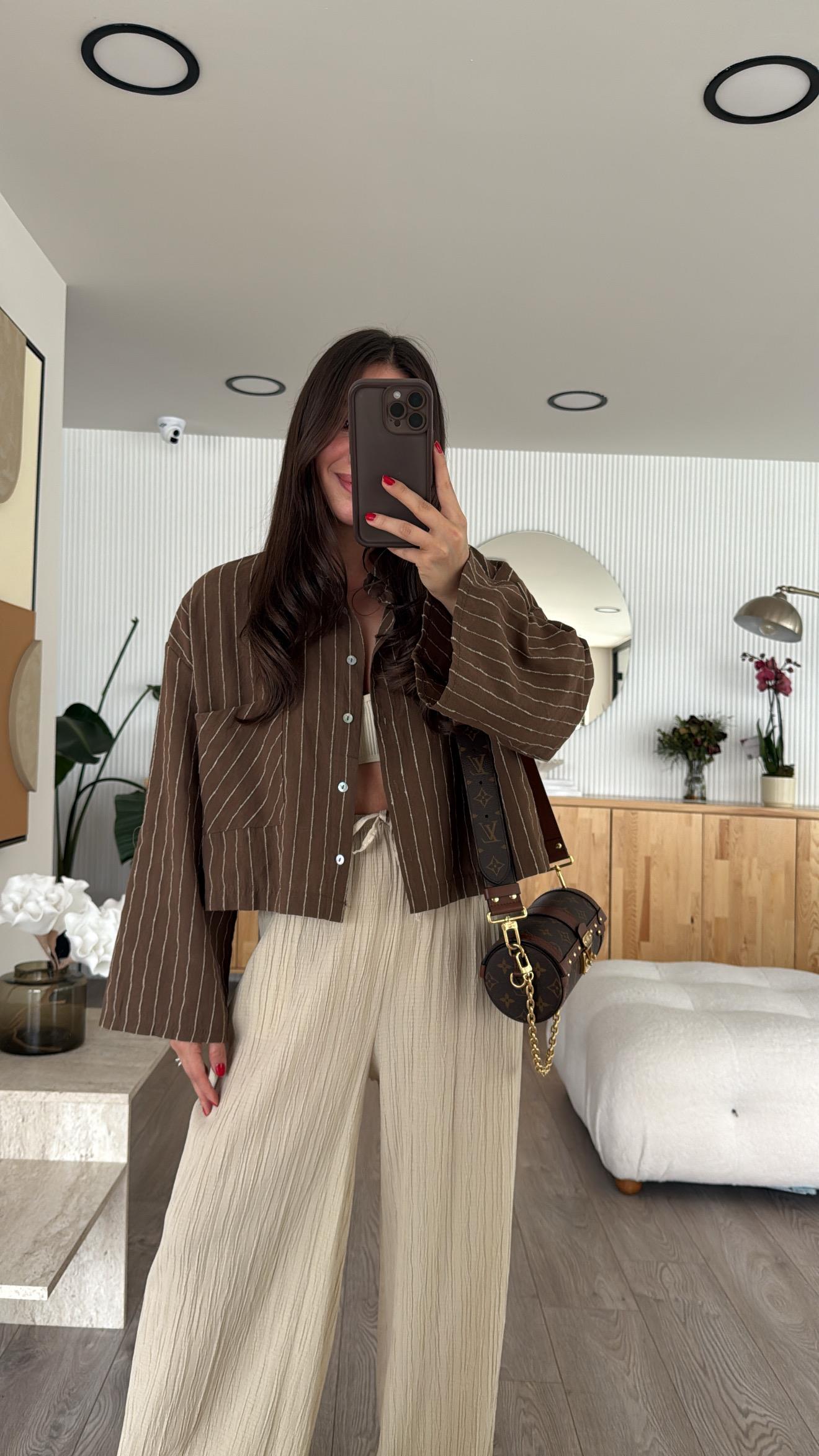 Kahve Bej Çizgili Tek Cepli Crop Gömlek 