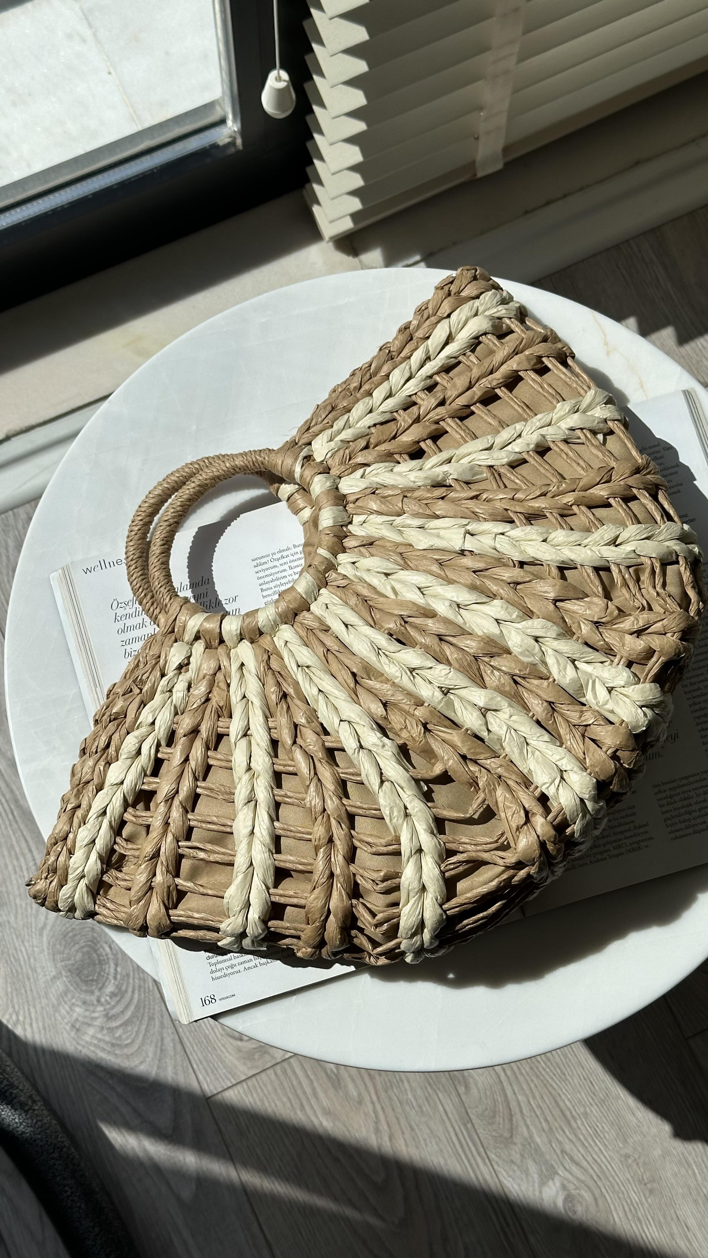 Açık Bej Ekru Hasır Çift Saplı Büyük Boy Bucket Çanta