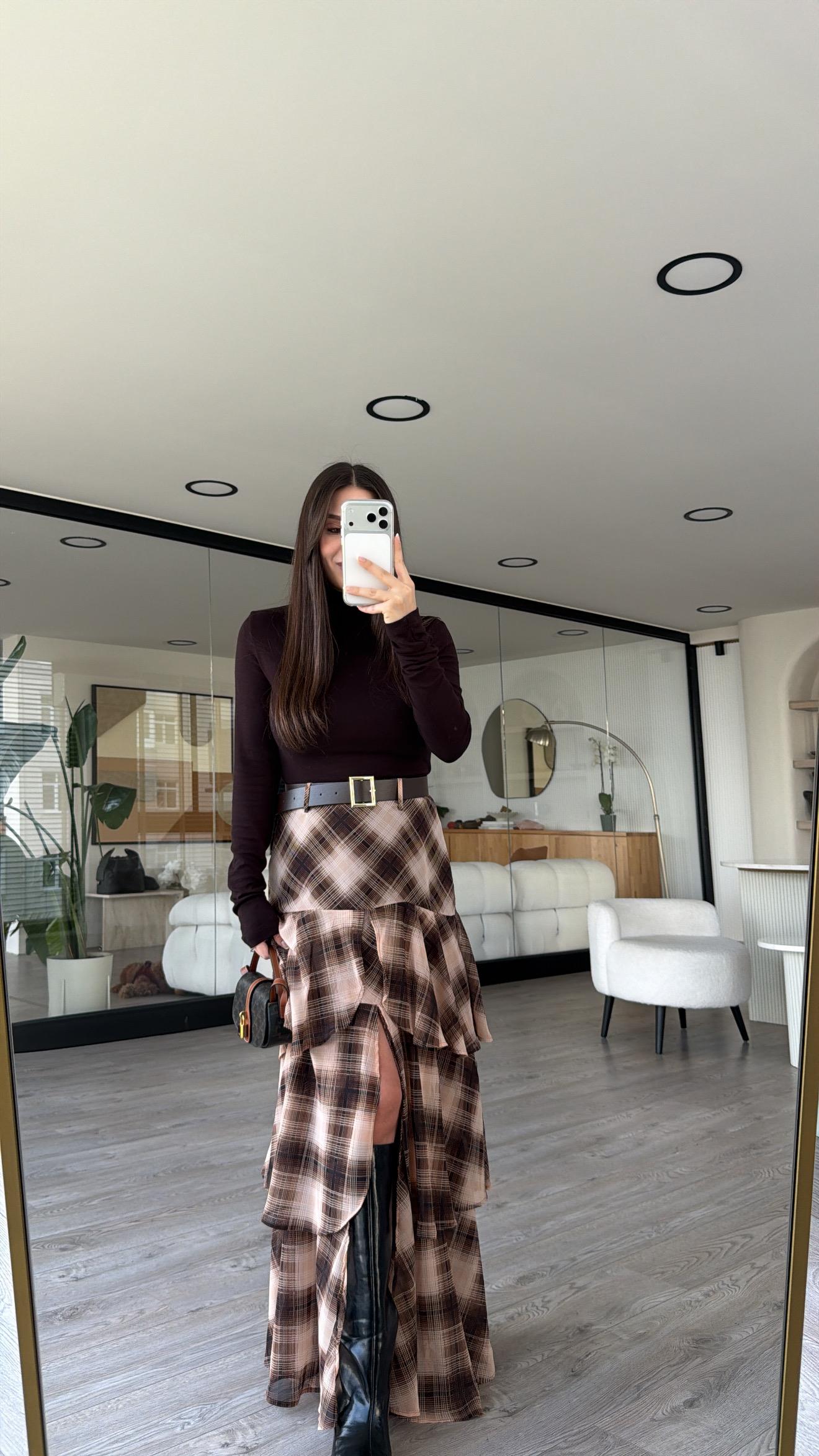 Kahve Bej Kemerli Katlı Etek