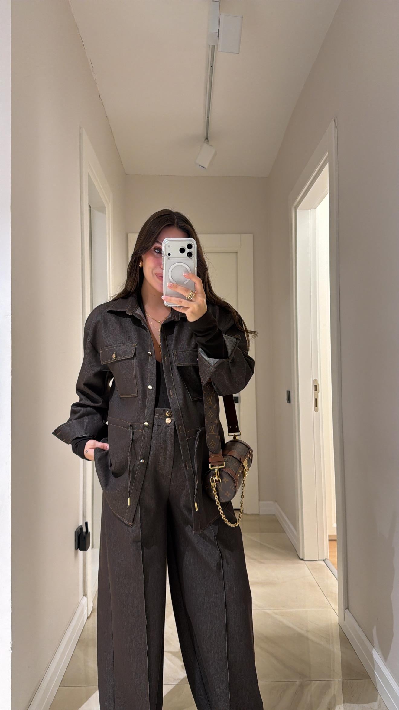 Kahve Bel Bağçıklı Denim Gömlek