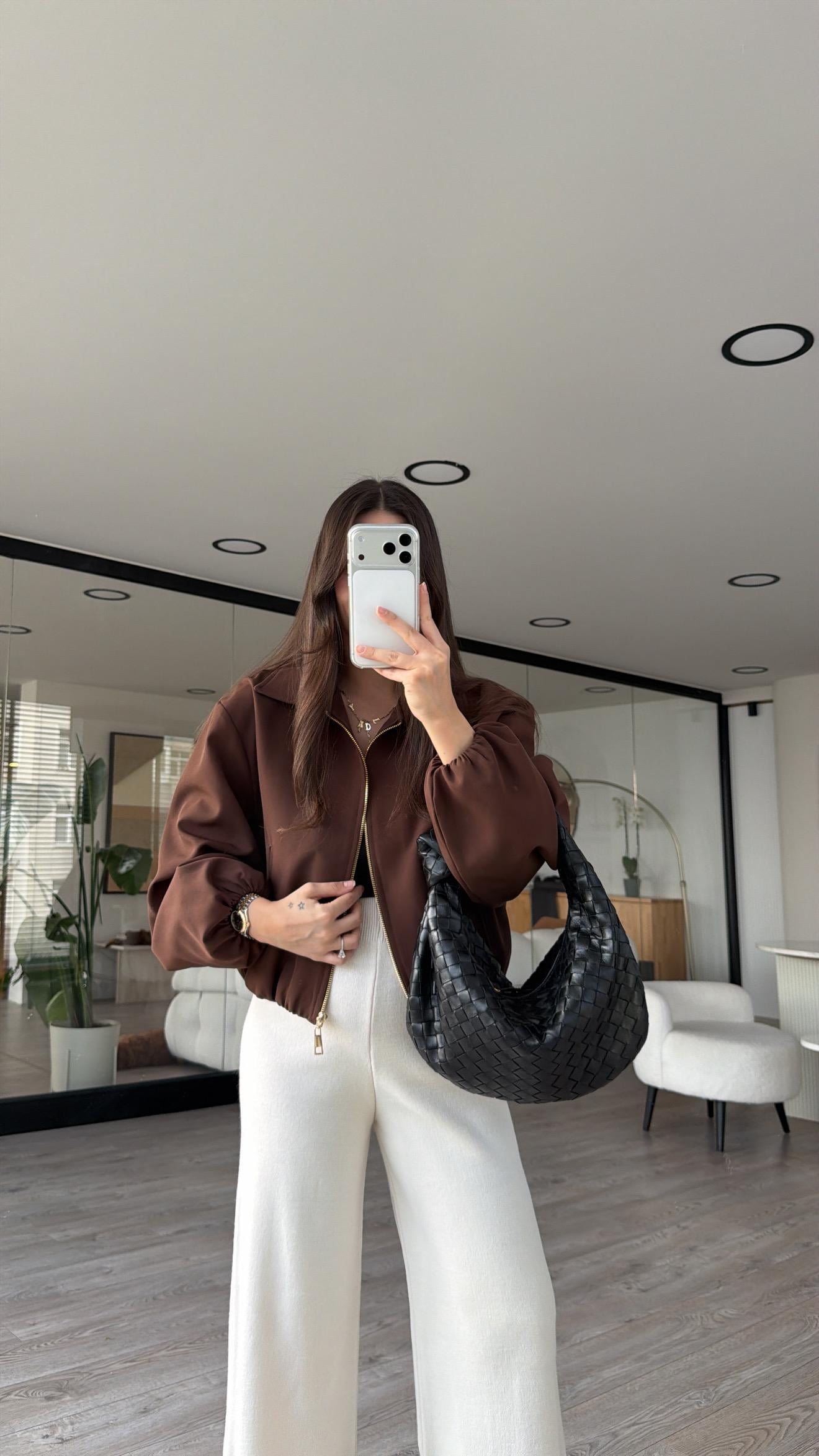 Kahve Bel Bastikli Fermuarlı Bomber Ceket 