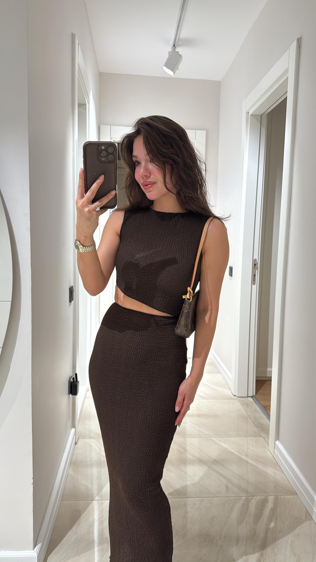 Kahve Bel Dekolteli Marka Model Elbise