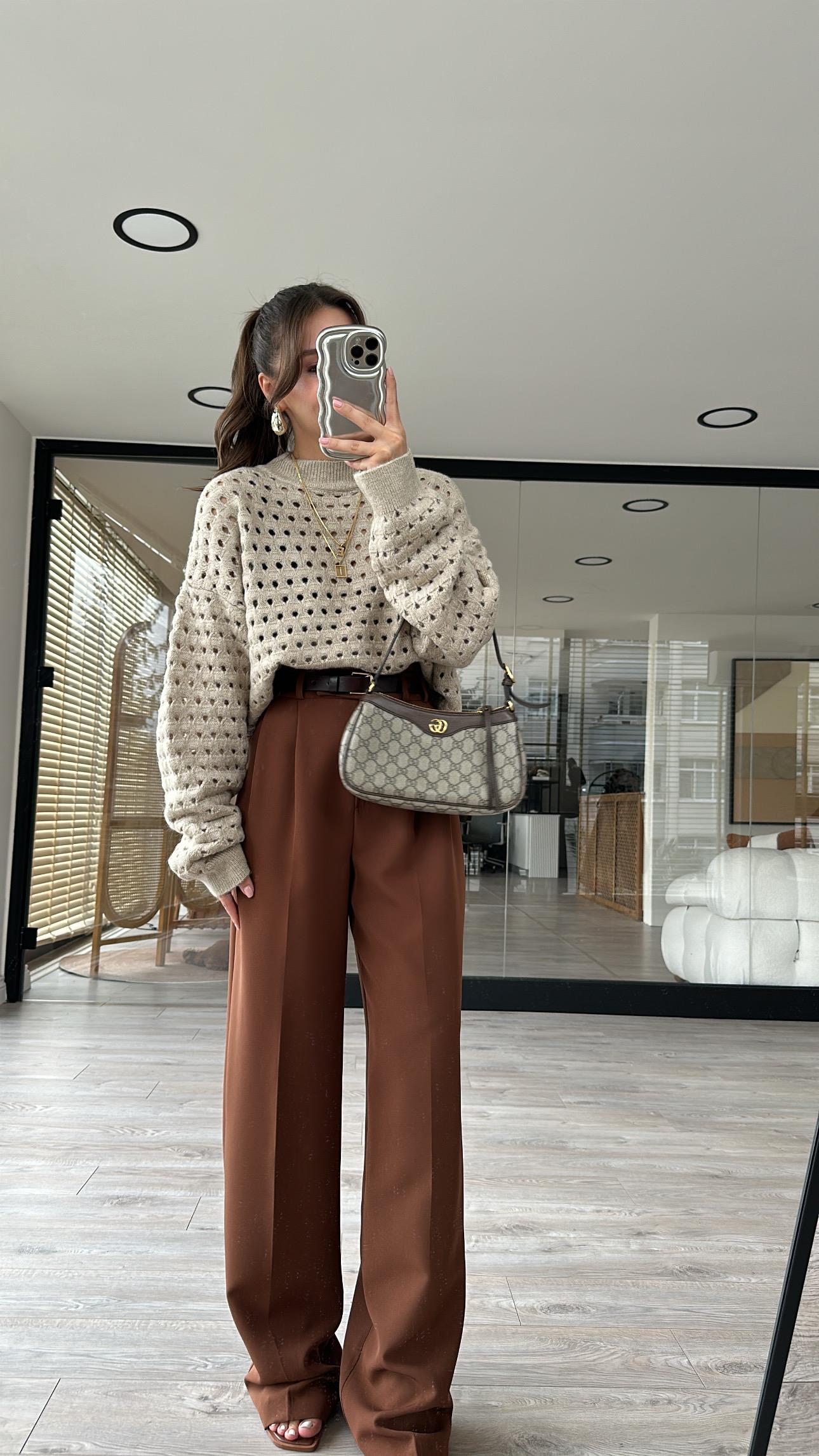 Kahve Bel Detaylı Premium Palazzo Pantolon