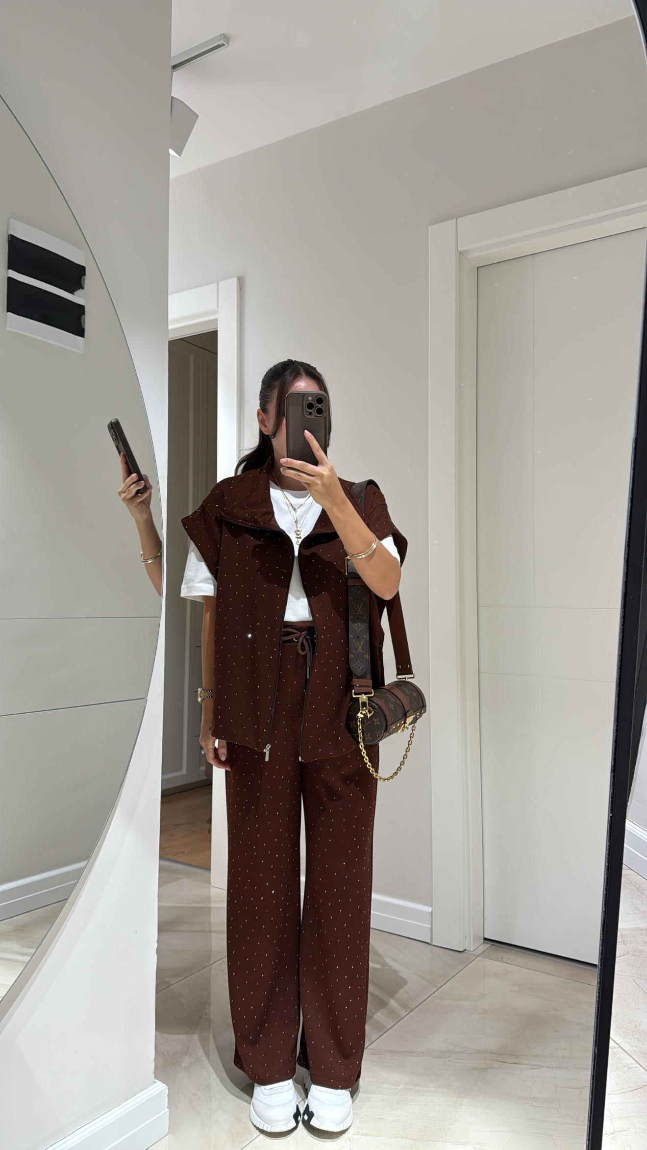 Kahve Bel Lastikli Taşlı Pantolon Takım