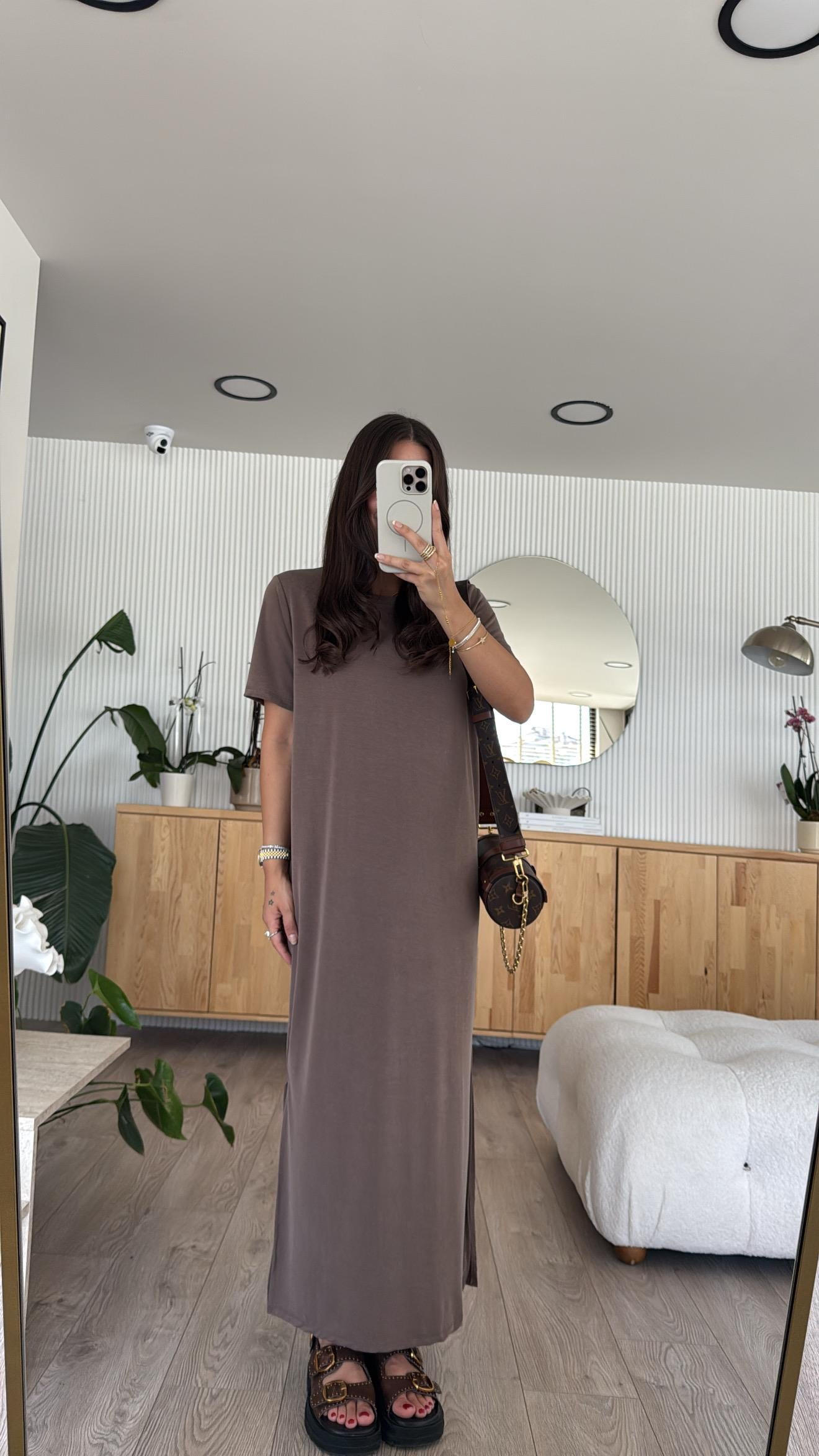 Kahve Bisiklet Yaka Yan Yırtmaçlı Basic Elbise