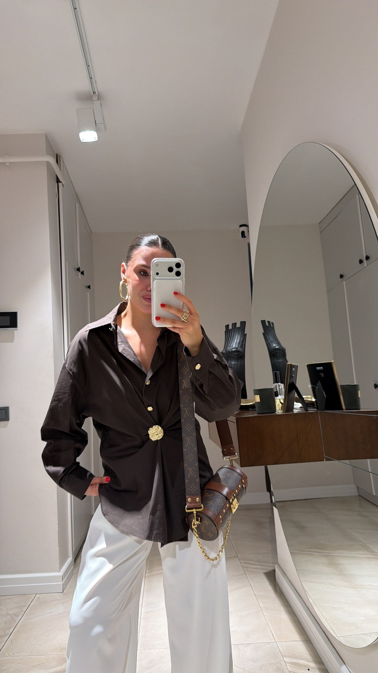 Kahve Büyük Gold Düğmeli Poplin Gömlek