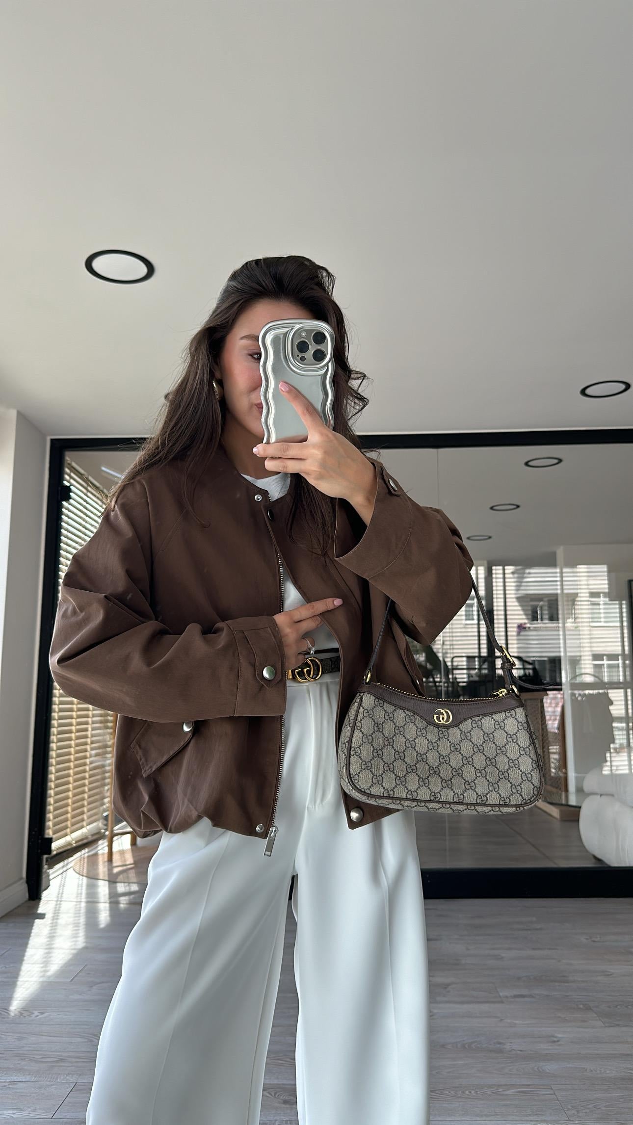 Kahve Cep Detaylı Pileli Bomber Ceket 