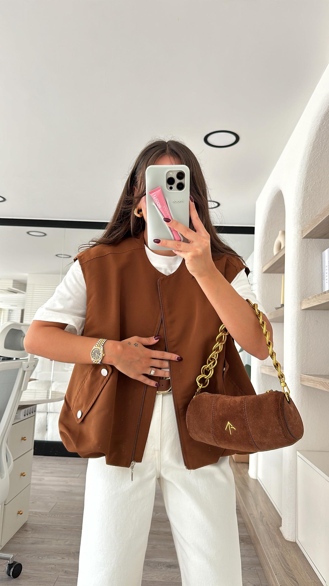 Kahve Cep Detaylı Pileli Bomber Yelek