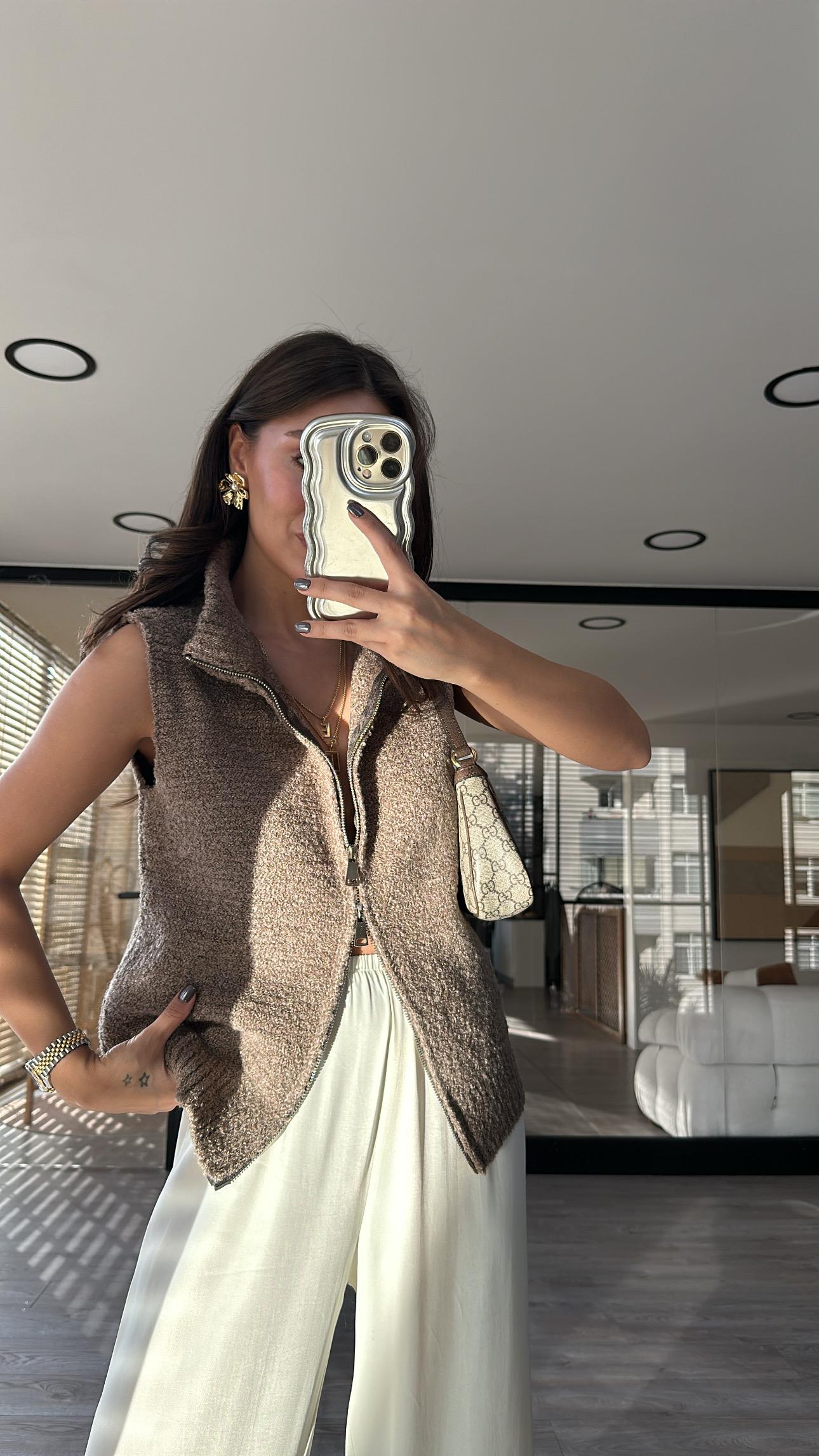 Kahve Çift Fermuarlı Triko Yelek