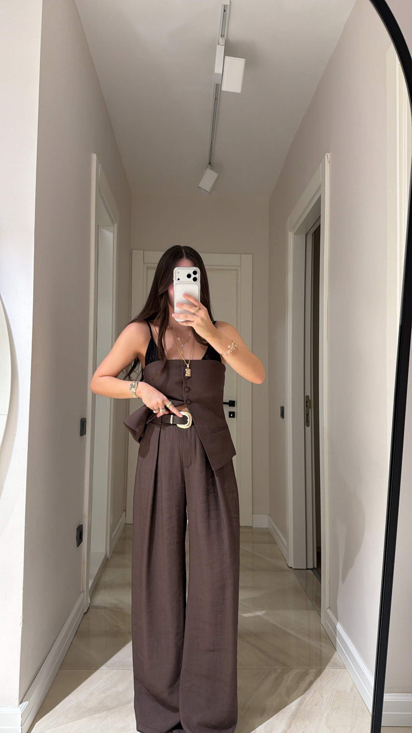 Kahve Çift Pileli Kemerli Palazzo Pantolon
