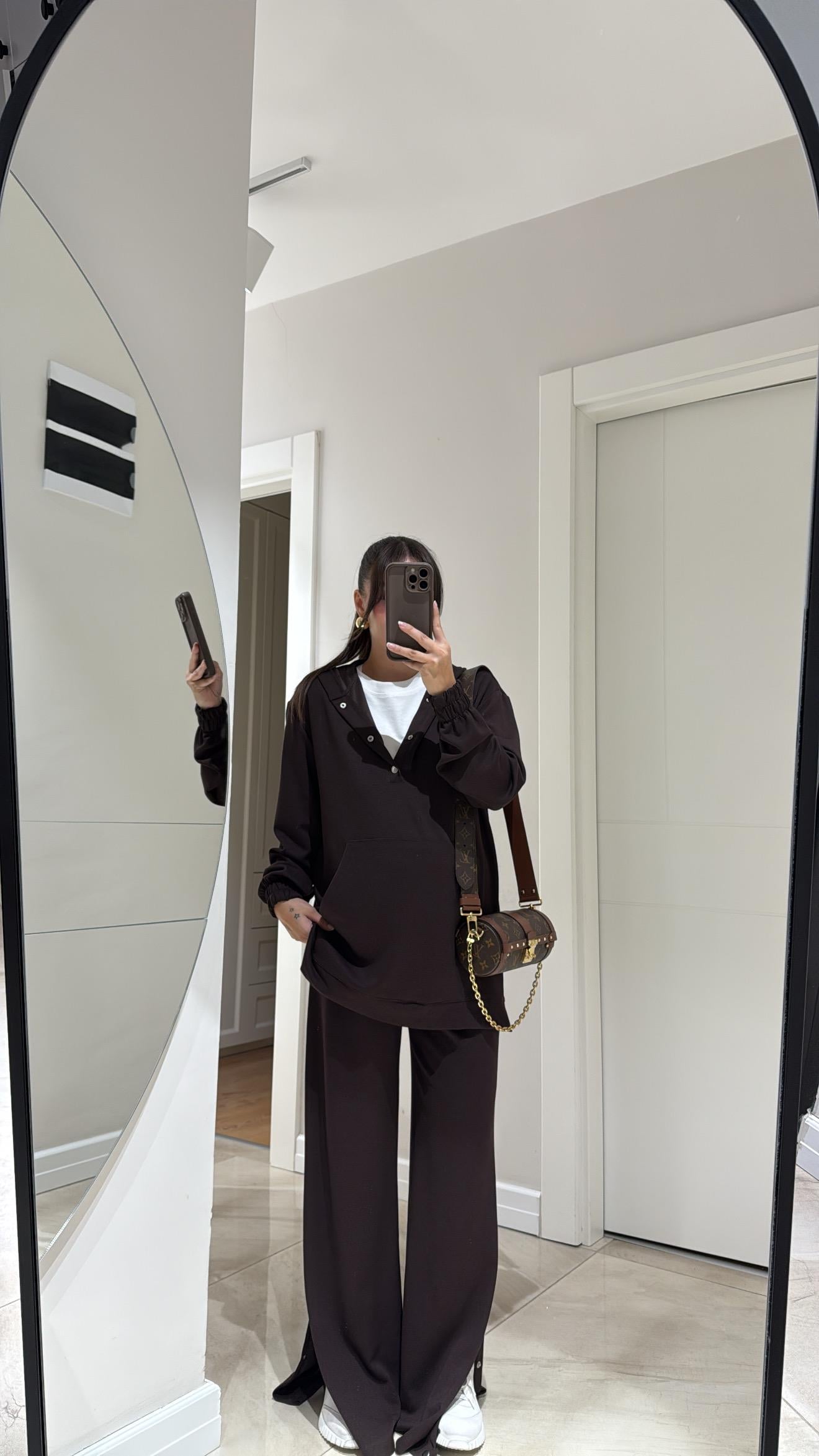 Kahve Çıtçıt Detaylı Kapüşonlu Modal Takım