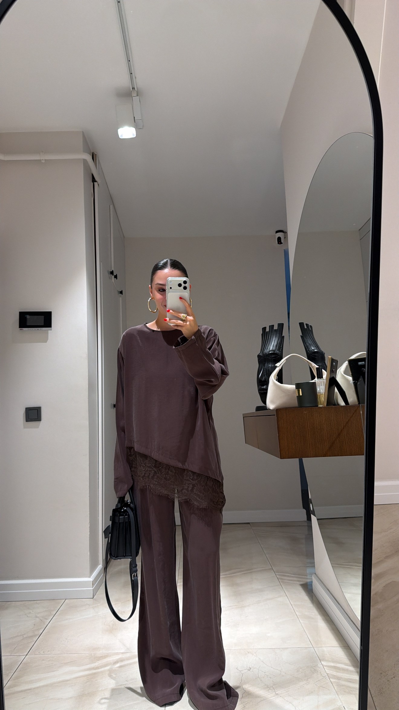Kahve Dantel Detaylı Pantolon Takım