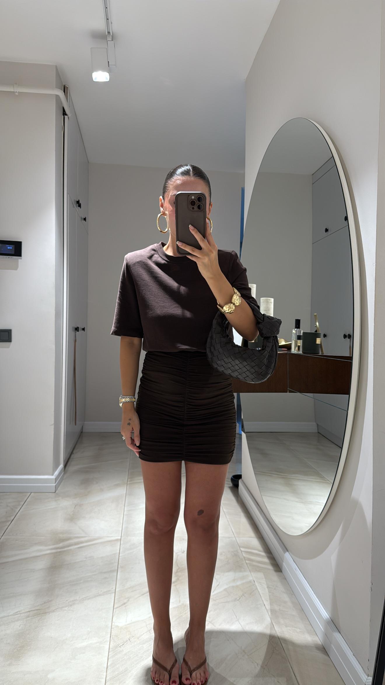 Kahve Drapeli Mini Etek 