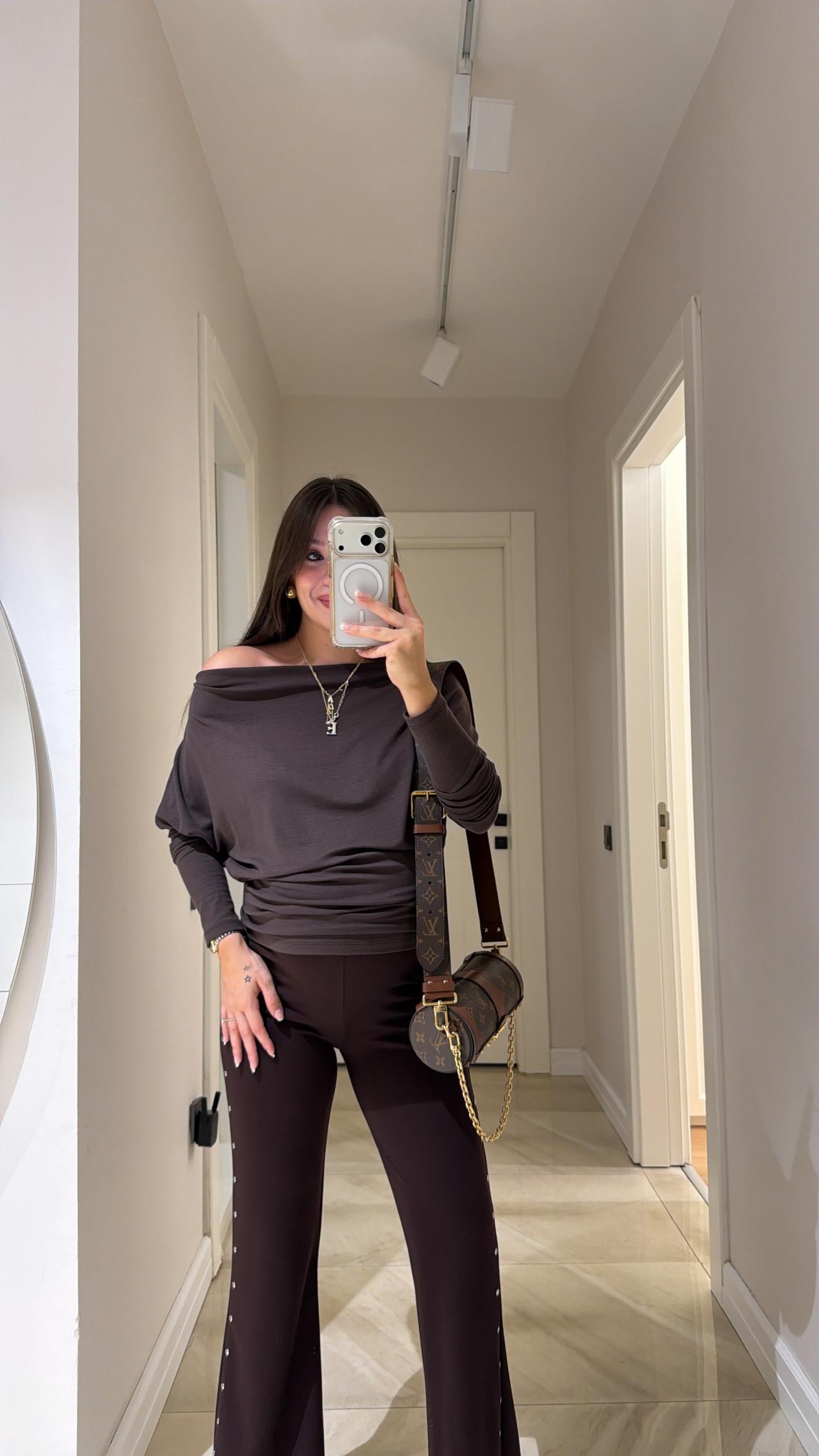 Kahve Düşük Omuz Basic Bluz 