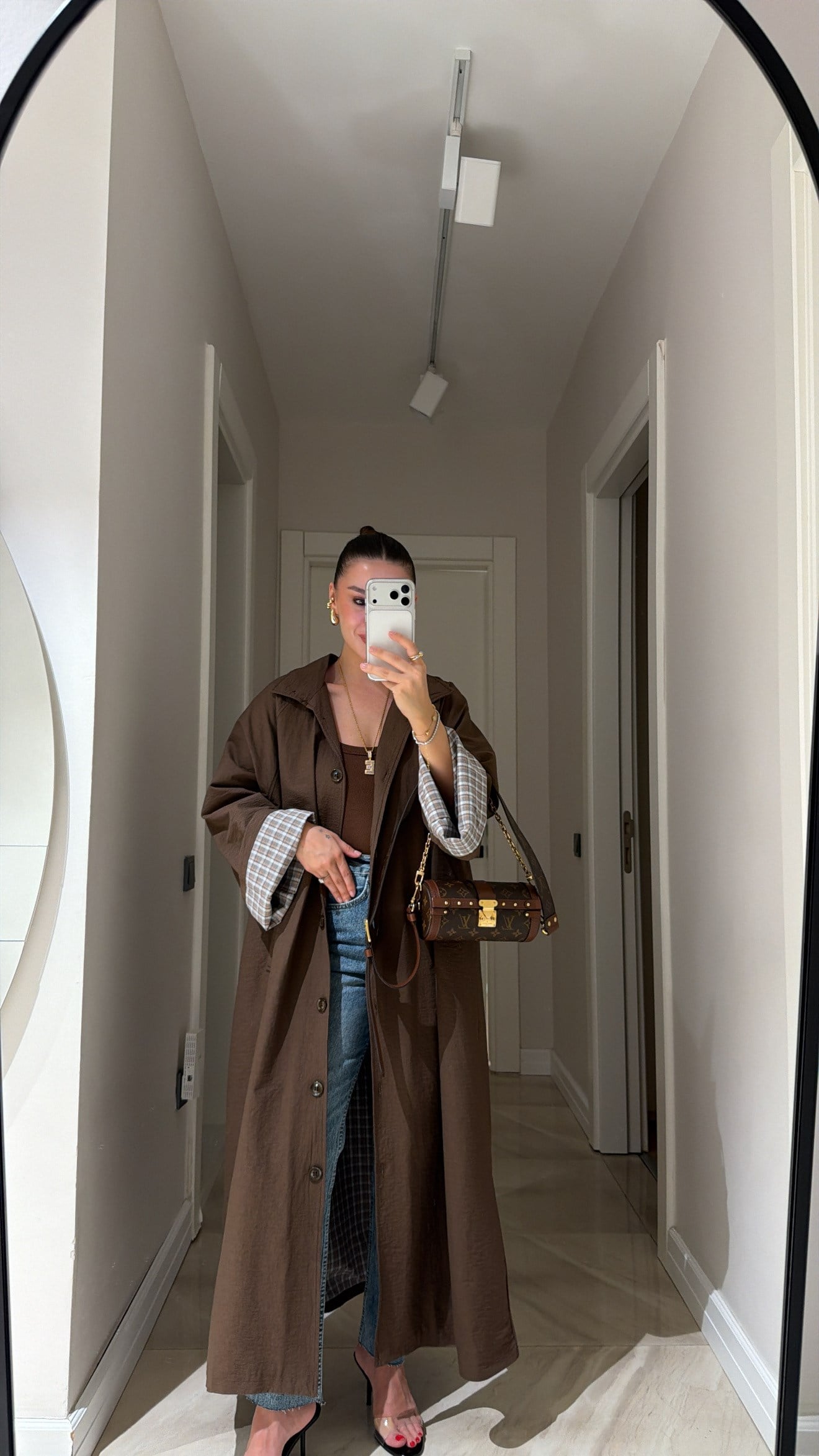 Kahve Ekose Astarlı Düğmeli Trençkot