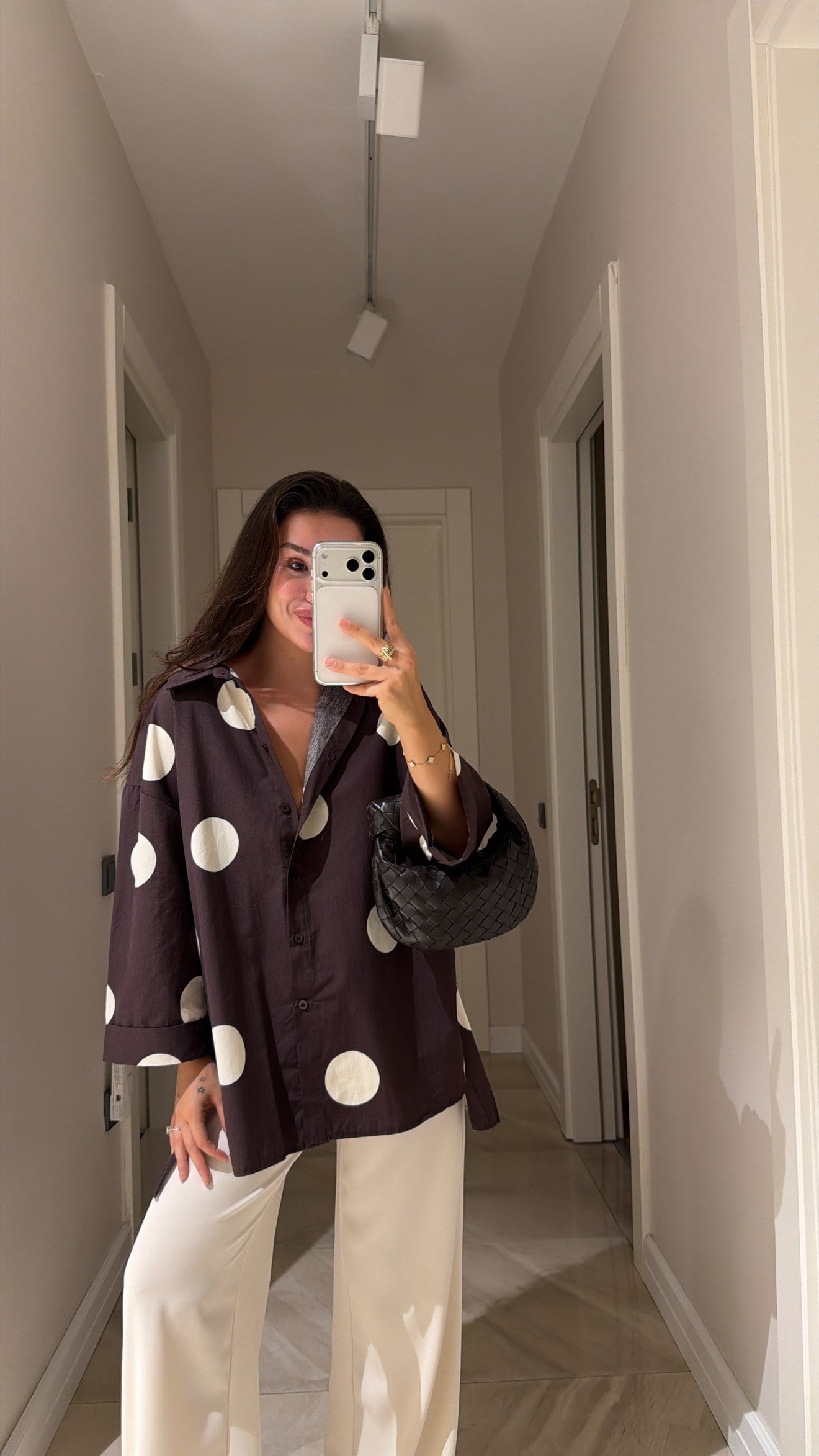 Kahve Ekru Puantiyeli Düğmeli Oversize Gömlek