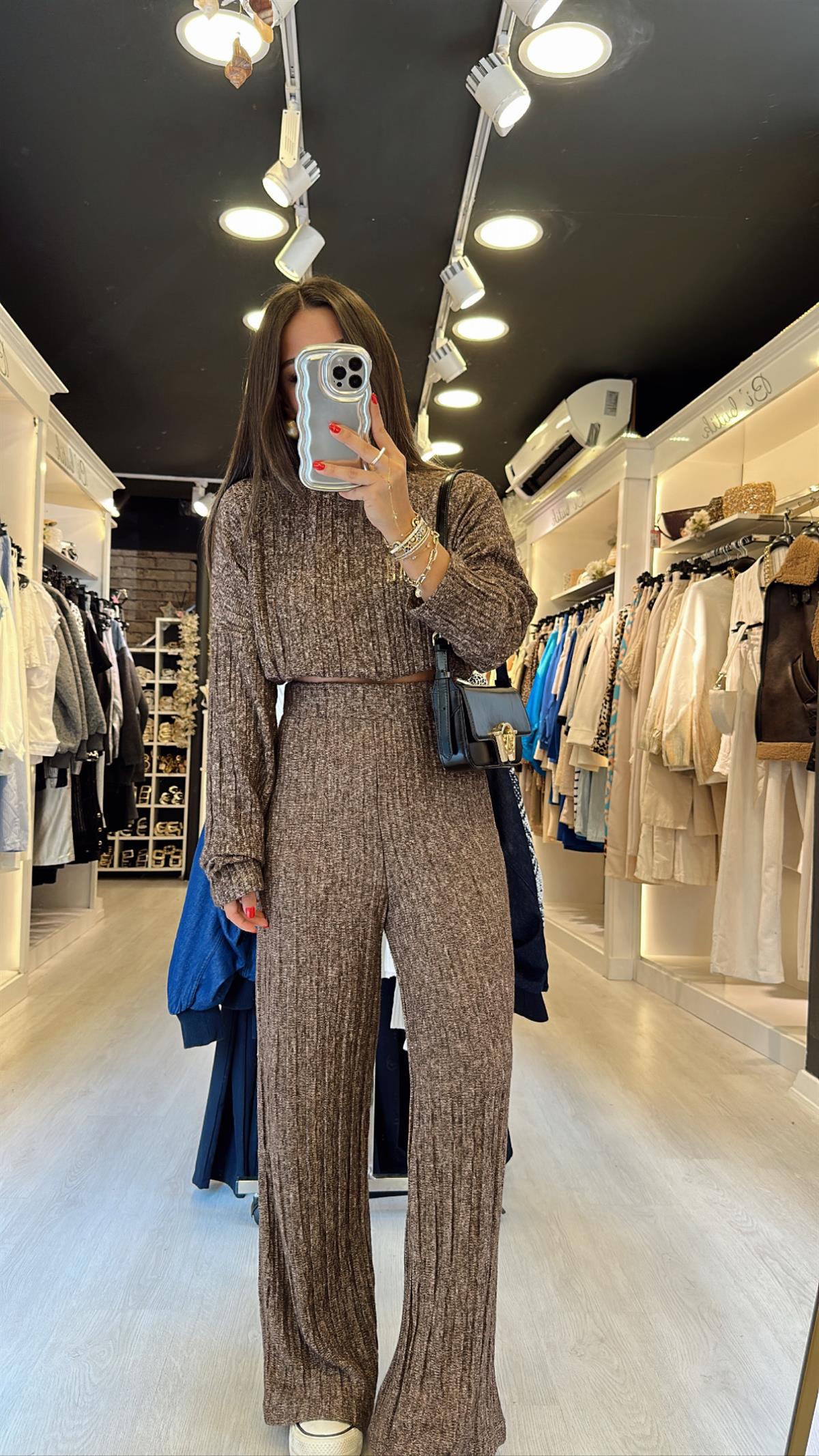 Kahve Fitilli Triko Crop Takım