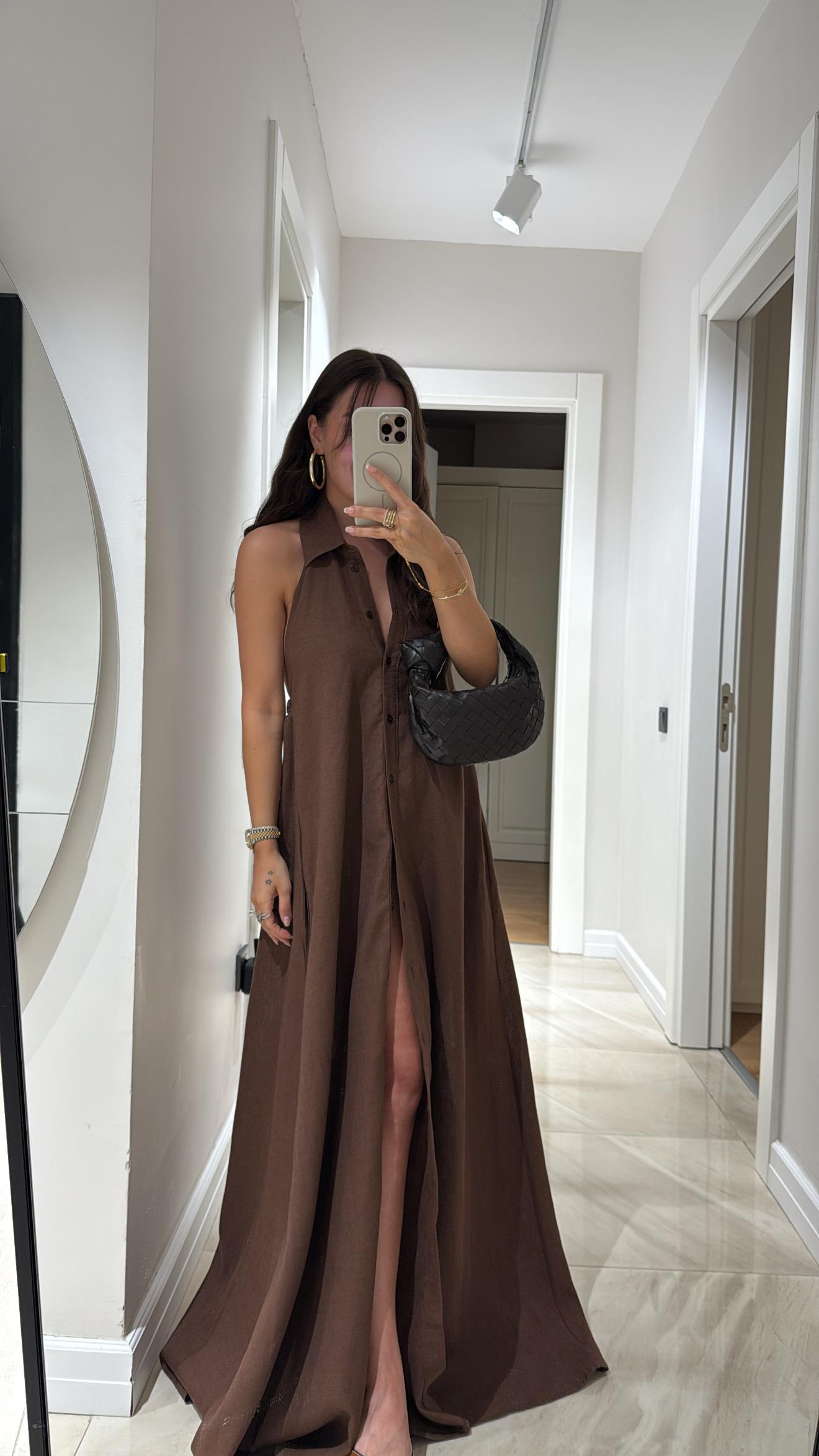Kahve Halter Yaka Düğmeli Keten Elbise