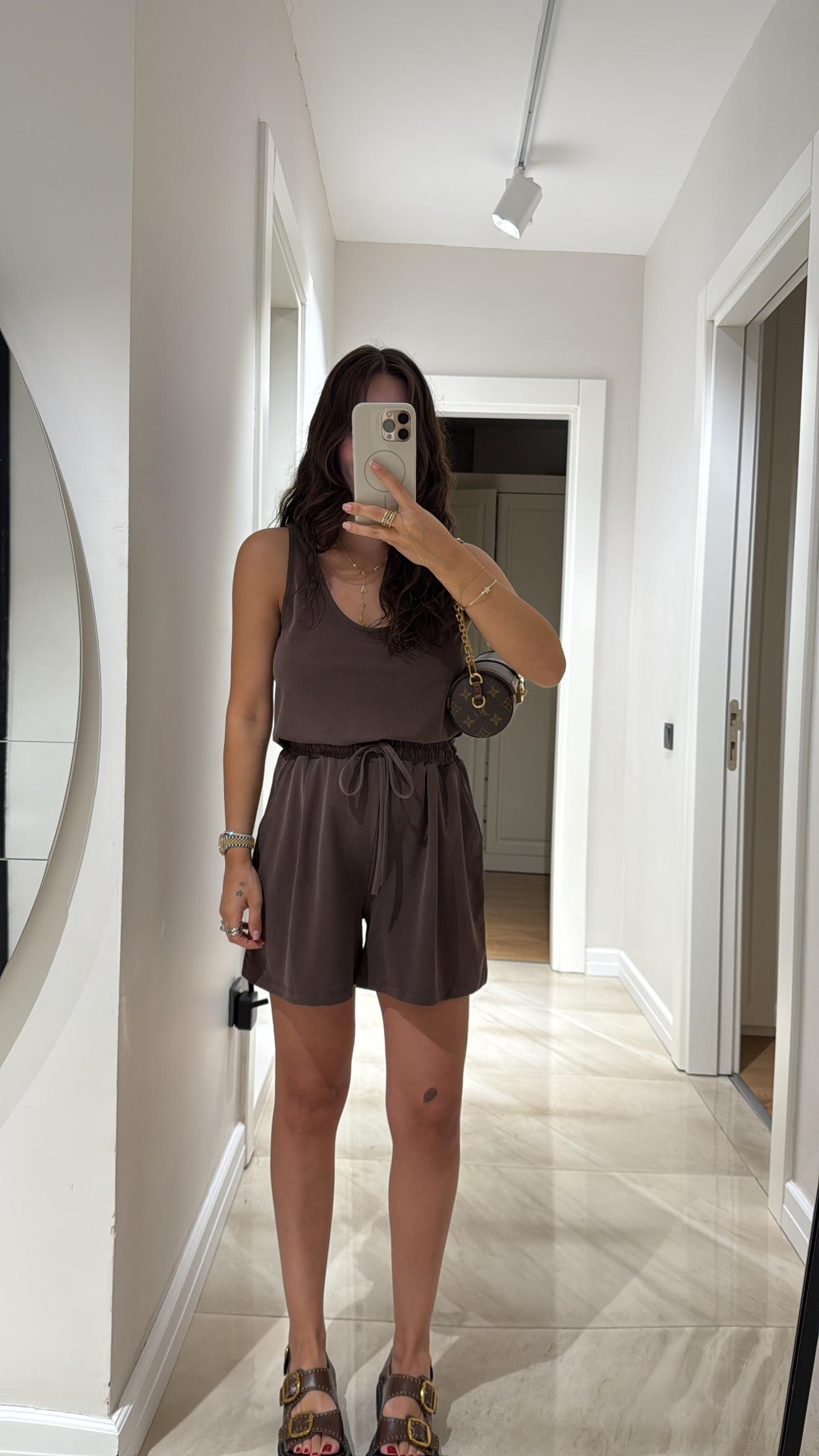 Kahve Kalın Askılı Şort Takım