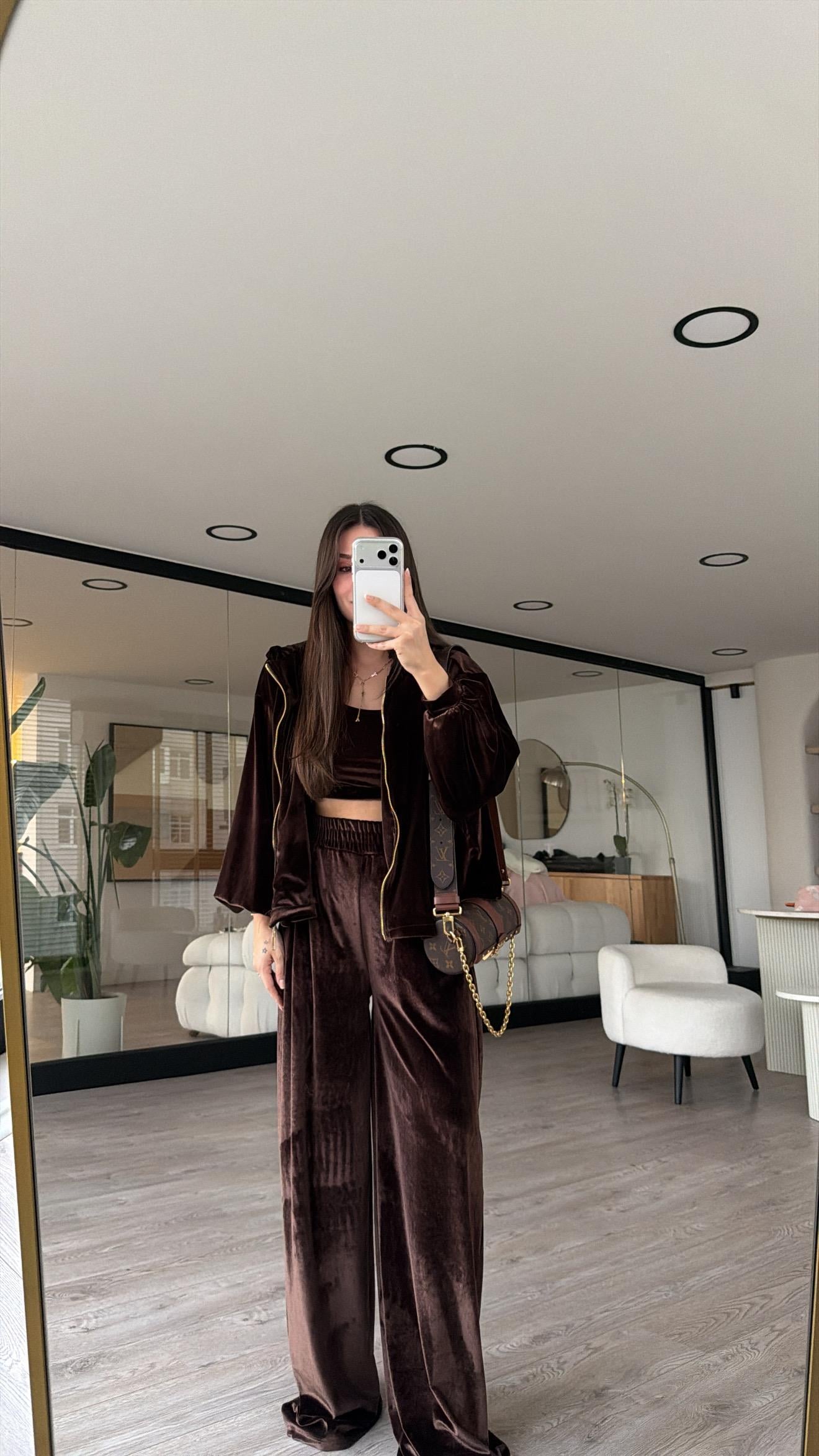 Kahve Kendinden Atletli Kadife Üçlü Takım