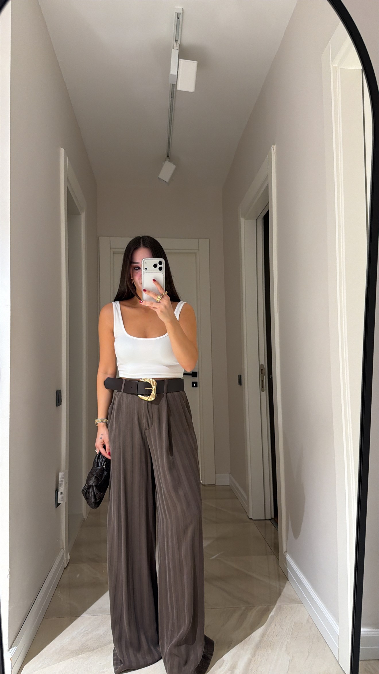 Kahve Kendinden Çizgili Kemerli Palazzo Pantolon