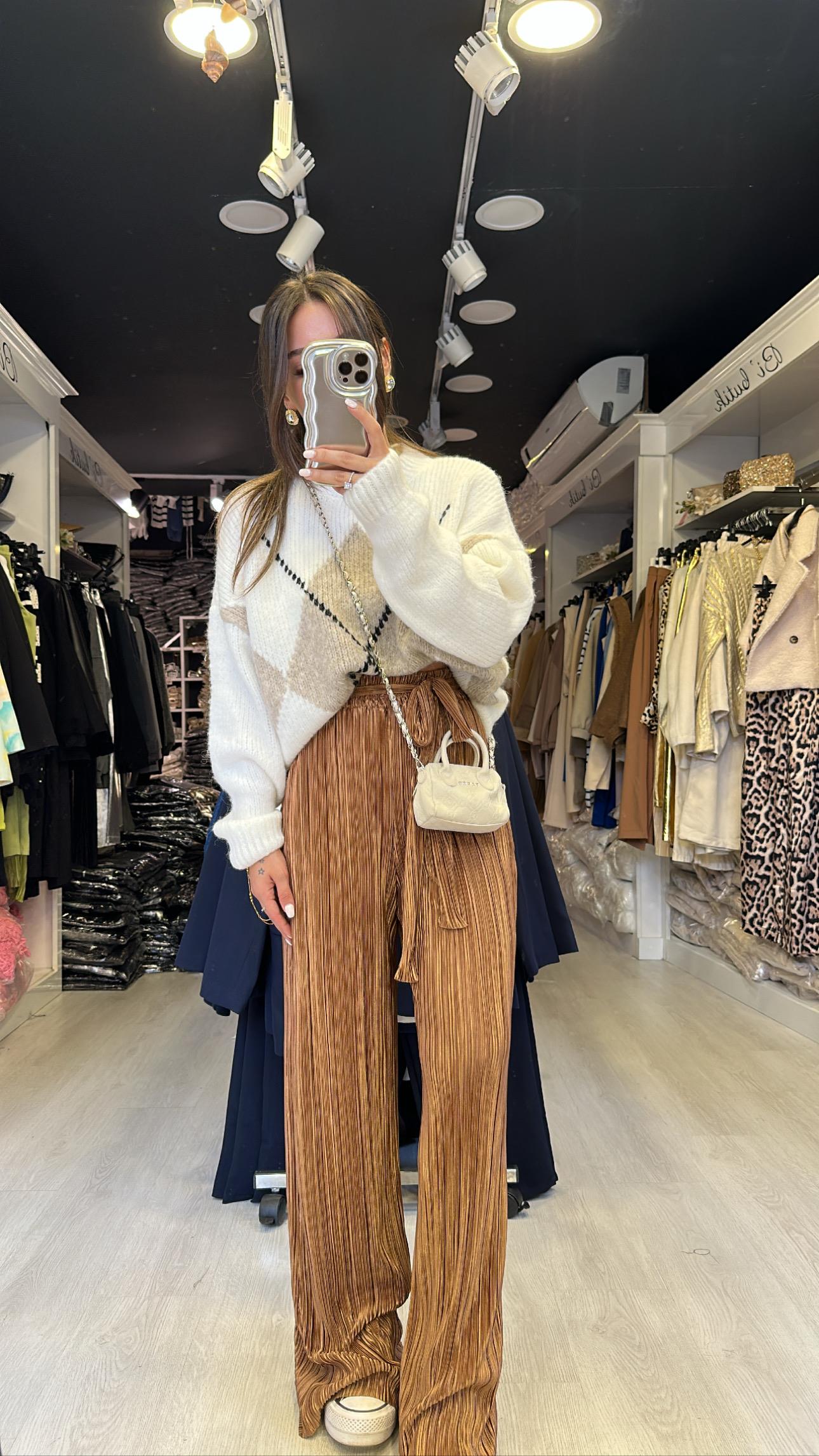 Kahve Kendinden Kuşaklı Krinkıl Pantolon