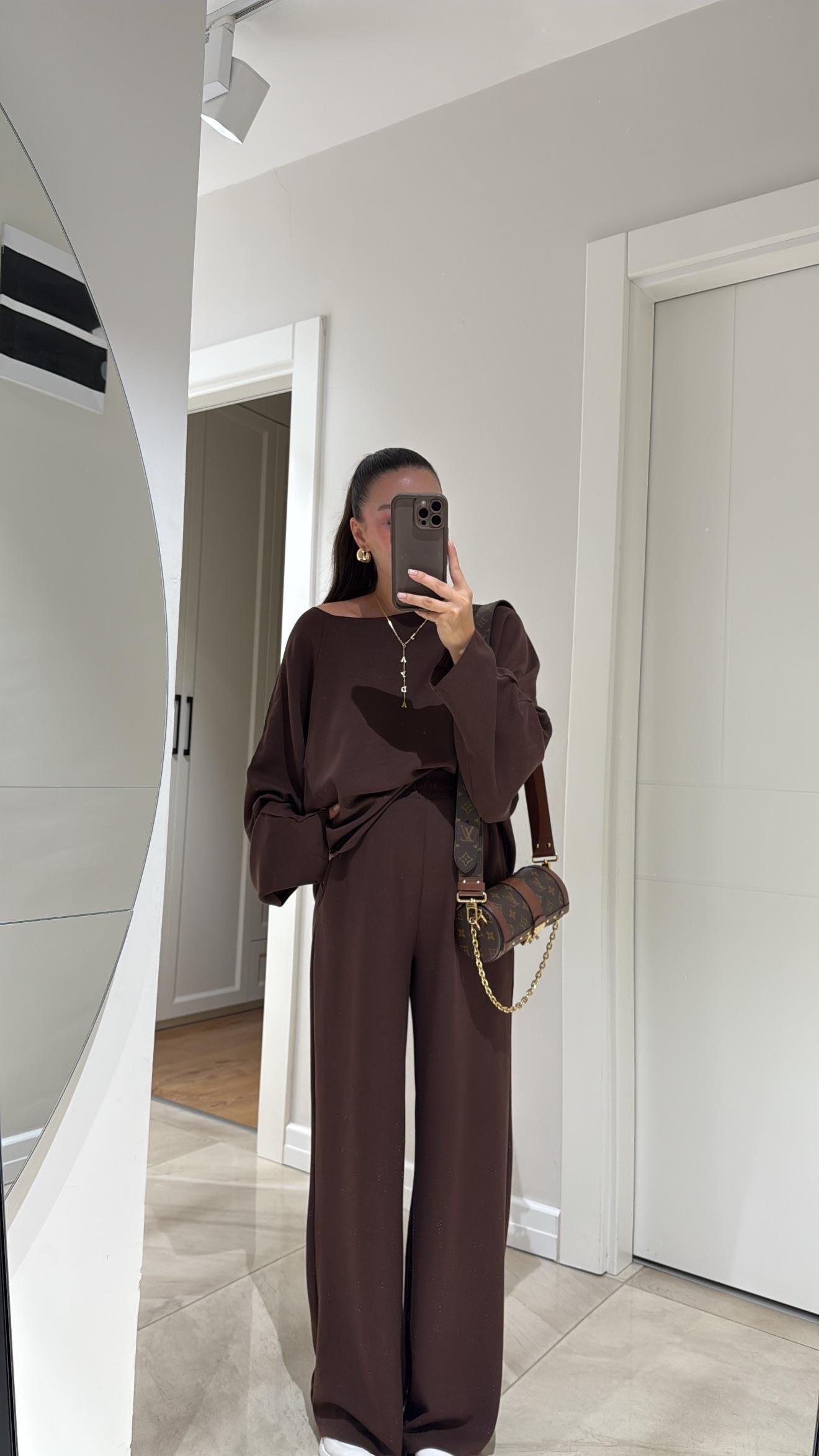 Kahve Kesik Detaylı Sweat Modal Takım