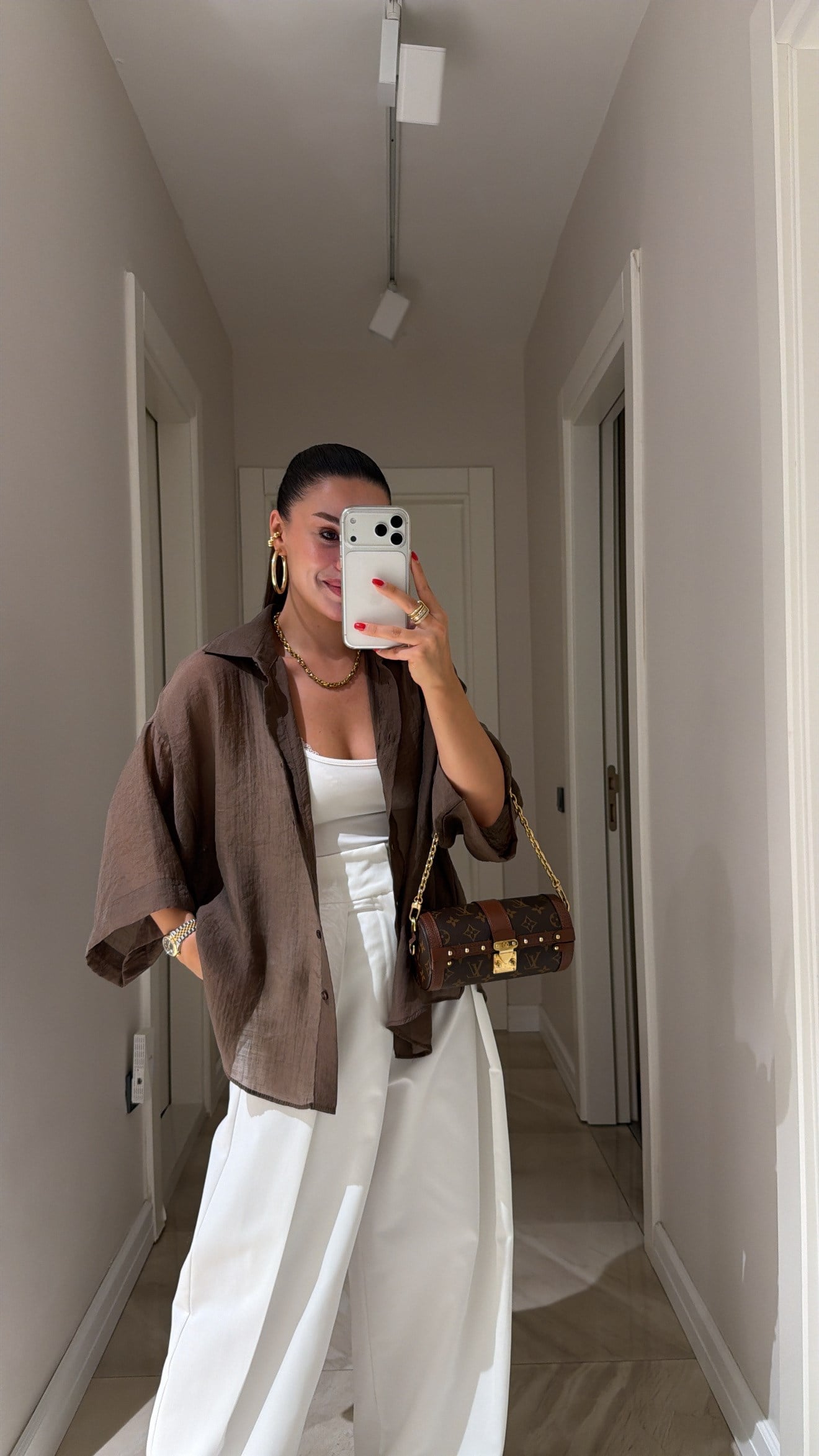 Kahve Kısa Kol Oversize Tensel Gömlek